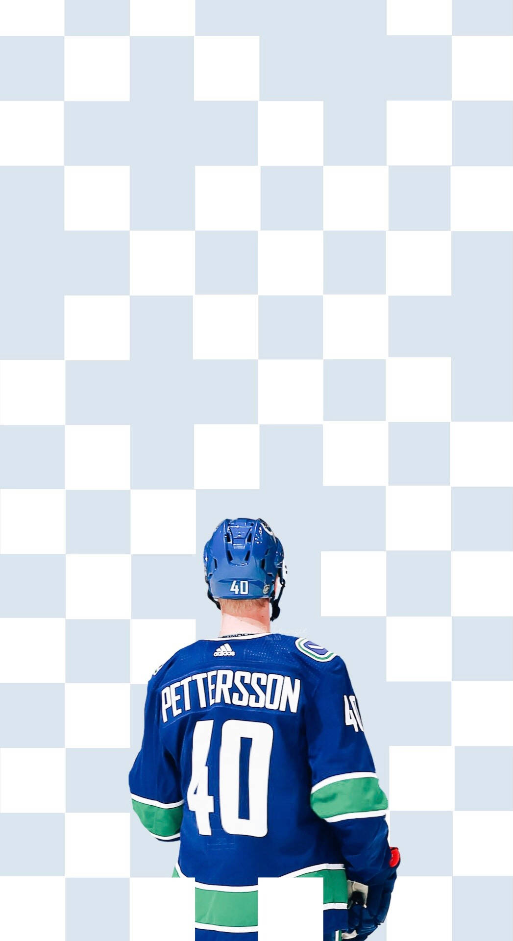 hockey 桌布 壁紙 — 一名身穿藍色球衣、印有名字Pettersson和號碼40的曲棍球運動員背向觀眾，站在淺藍色和白色格子背景前。