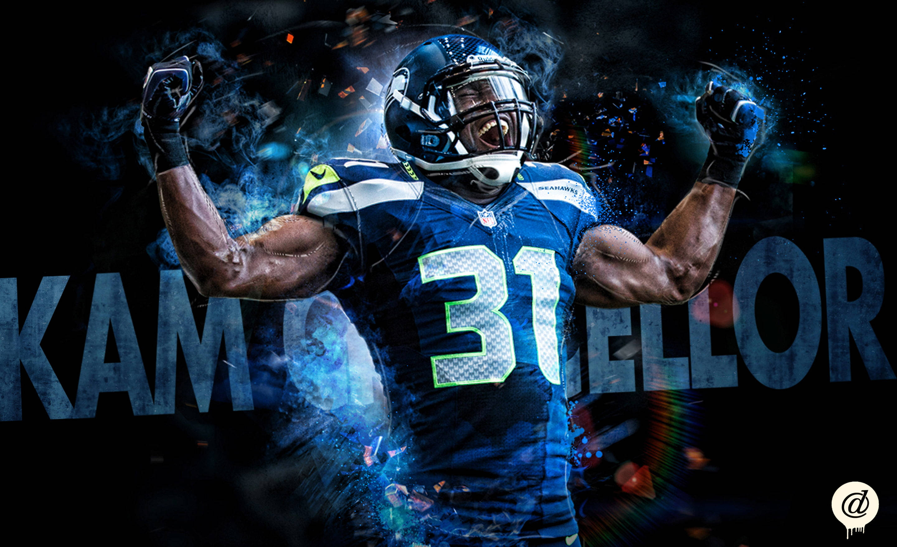 Seattle Seahawks 桌布 壁紙 — 一名身穿藍色球衣、背號31的動感足球運動員，在黑暗背景中散發著發光粒子效果，發出勝利的咆哮。