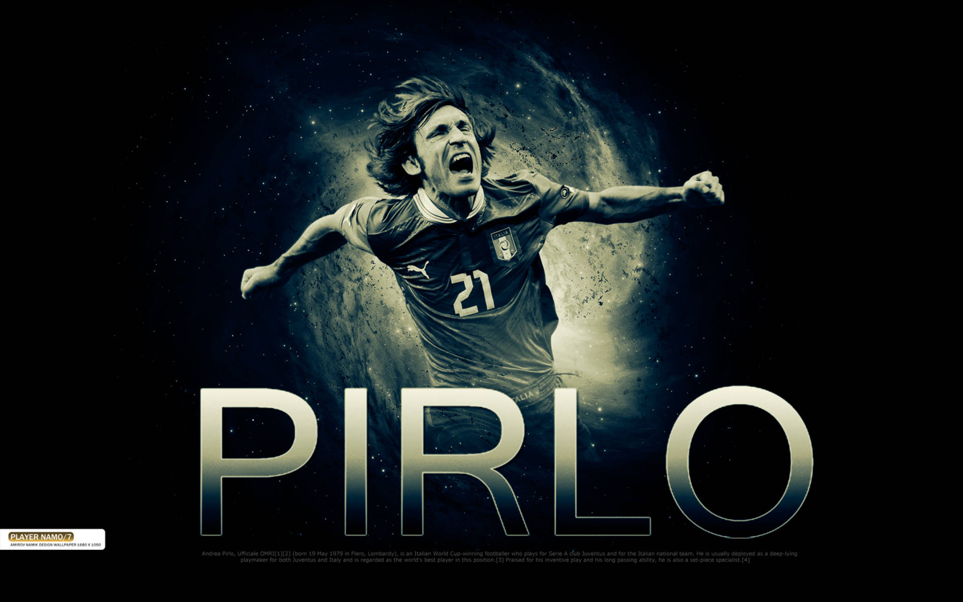 andrea pirlo 桌布 壁紙 — 一名身穿藍色球衣、號碼21的動感足球運動員在宇宙星空背景下勝利躍起，下方有粗體金屬字體的名字「PIRLO」。