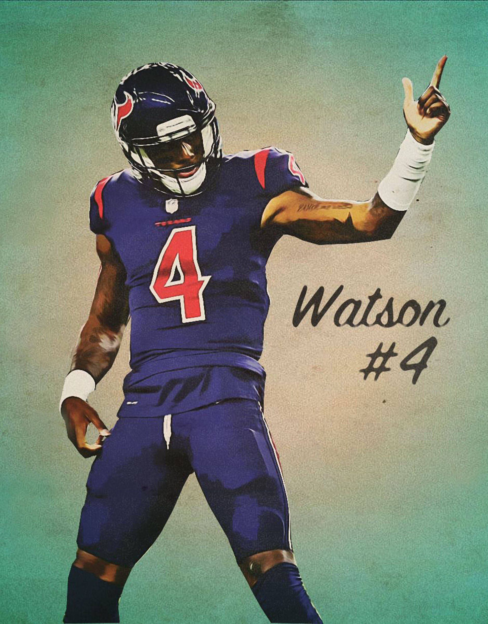 Deshaun Watson 桌布 壁紙 — 一名身穿藍色球衣、號碼4的美式足球員，在青綠色漸變背景上向上指。
