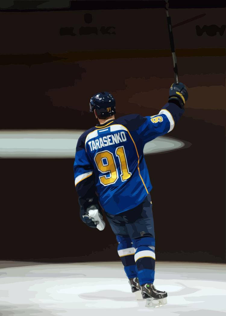 St Louis Blues 桌布 壁紙 — 一名身穿藍色球衣、號碼91的冰上曲棍球運動員在冰場上高舉球棍慶祝勝利。