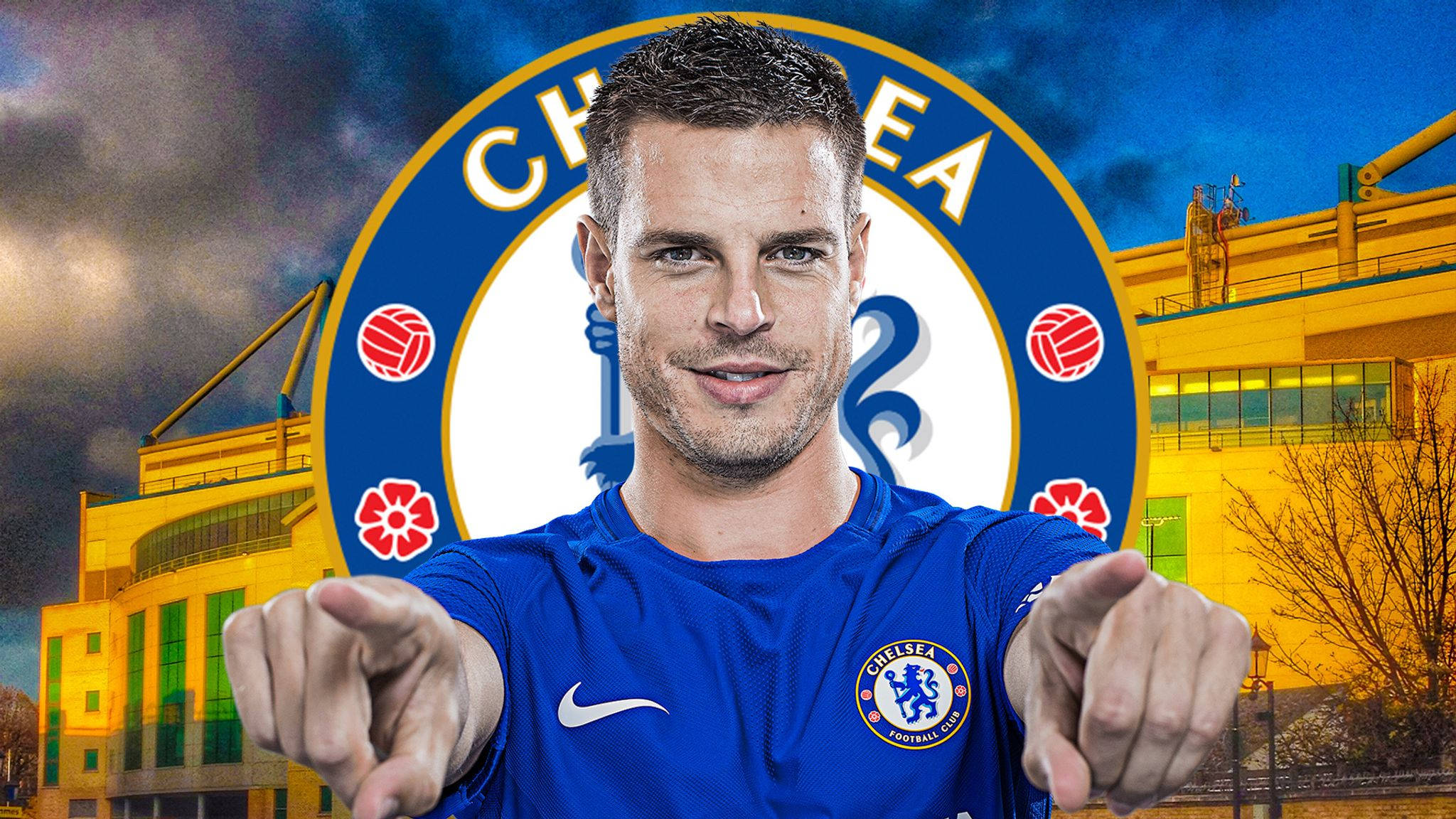 chelsea fc logo 桌布 壁紙 — 一名身穿藍色球衣的切爾西足球員在戲劇性的天空下向前指，身後有球場和會徽。