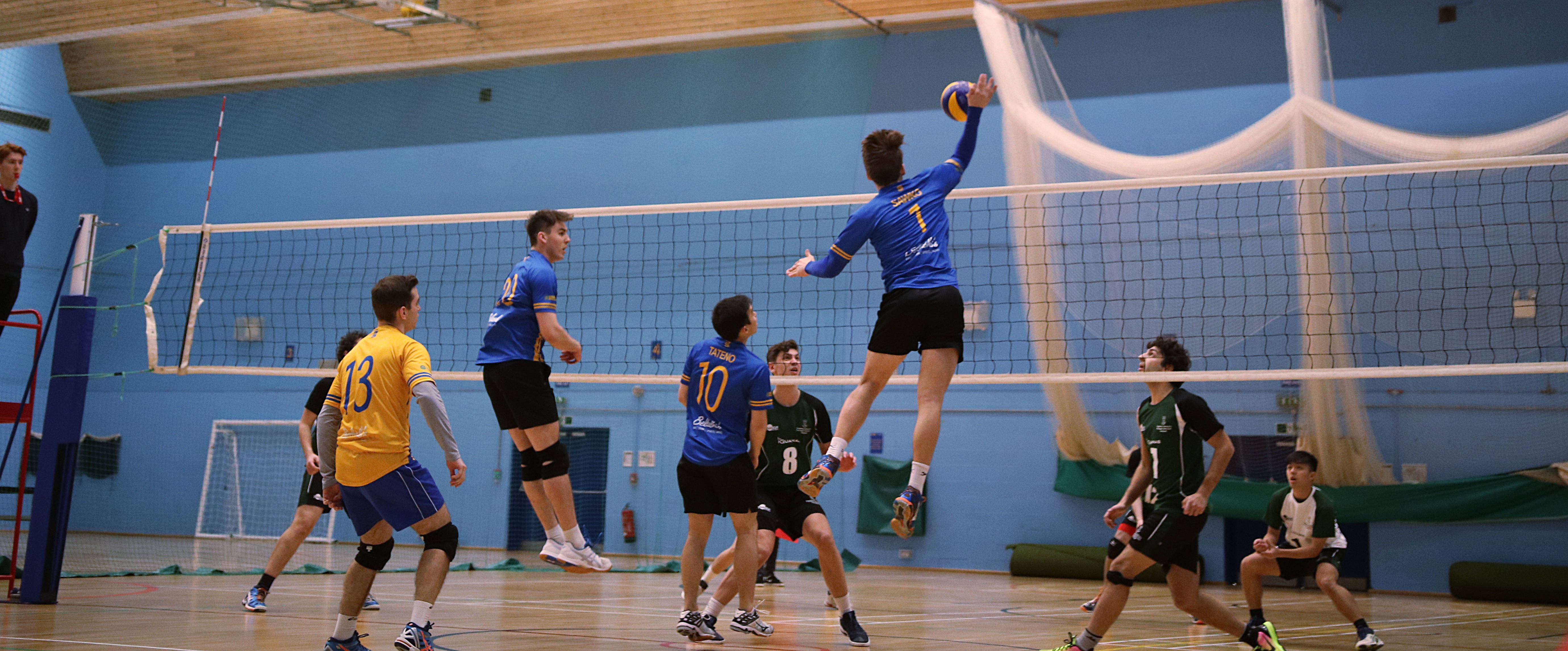 Volleyball 桌布 壁紙 — 一名身穿藍色球衣的排球運動員高高躍起，準備將球扣過網，而身穿綠色和黃色球衣的對手則準備攔網。