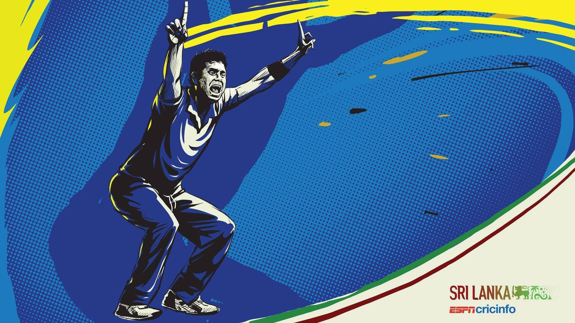 Sri Lanka Cricket 桌布 壁紙 — 一名身穿藍色球衣的斯里蘭卡板球運動員在醒目的藍黃半色調背景前高舉雙臂慶祝勝利。