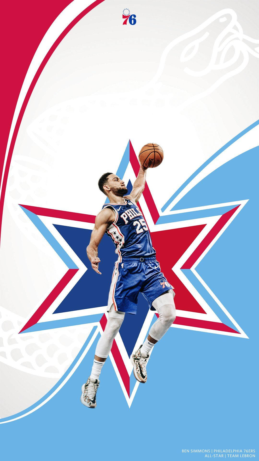 Ben Simmons 桌布 壁紙 — 一名身穿藍色球衣的籃球運動員在鮮明的紅、白、藍星形背景上動態跳躍。