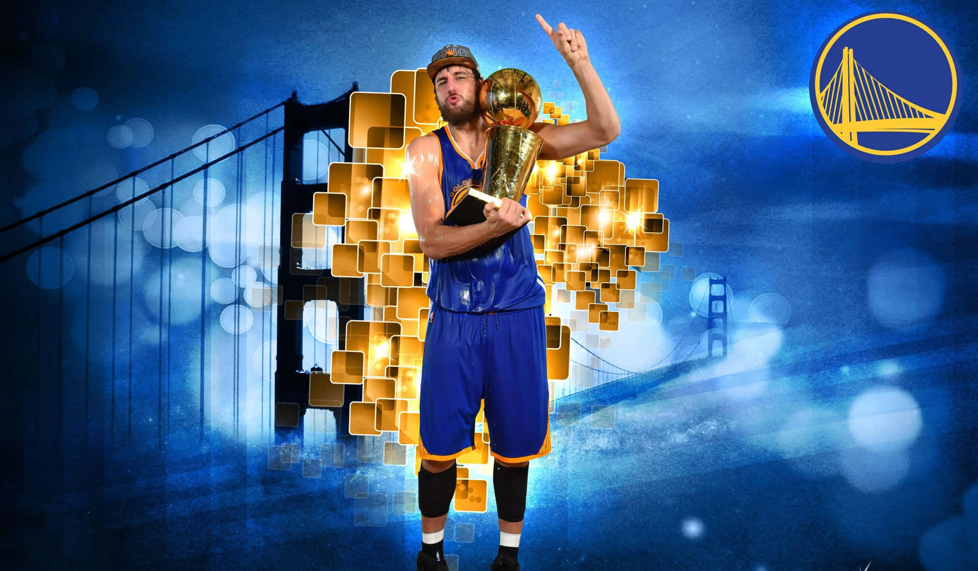 籃球運動員手持獎盃，背景為金門大橋。 — NBA 壁紙