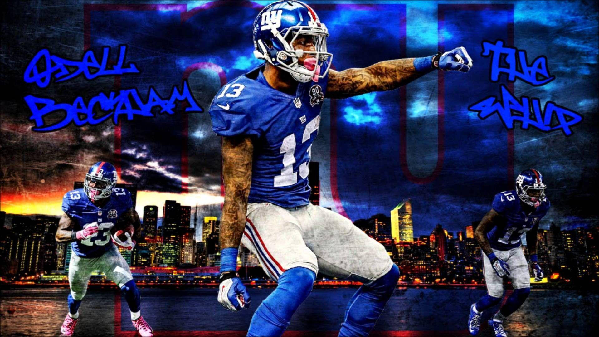 Odell 桌布 壁紙 — 一名身穿藍色球衣的紐約巨人隊美式足球運動員在日落時分充滿活力地躍起，背後是充滿活力的城市天際線。