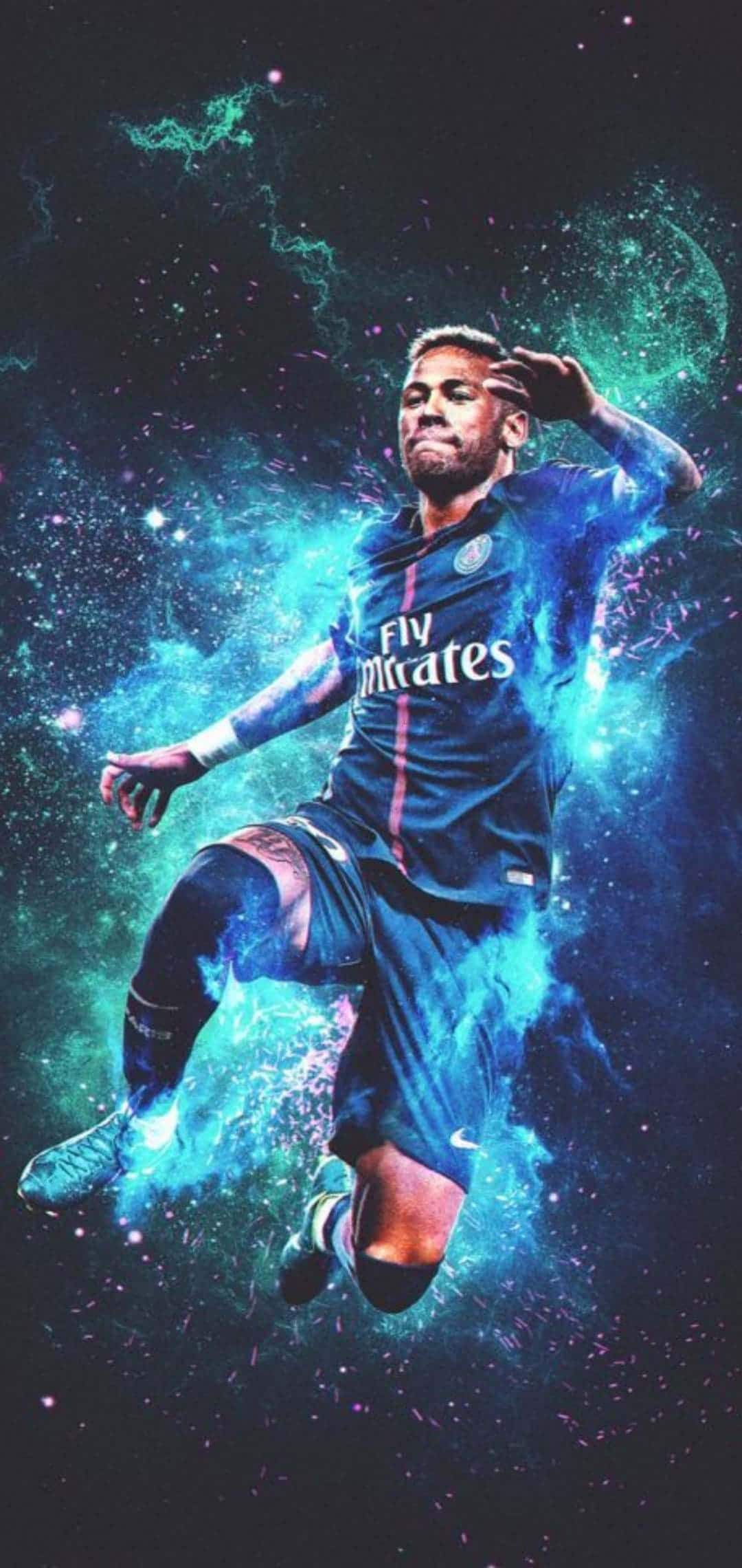 Neymar iPhone 桌布 壁紙 — 一名身穿藍色球衣的足球運動員在帶有發光粒子的宇宙星雲背景下動態跳躍。