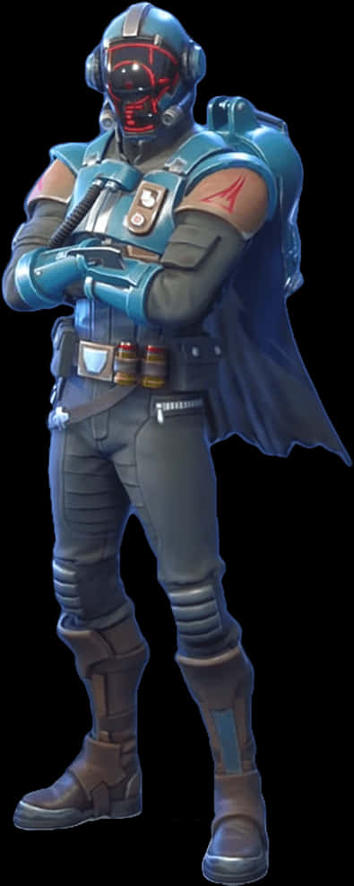 Fortnite Default Skin 桌布 壁紙 — 一名身穿藍色盔甲、配備紅色發光面罩的未來戰士，自信地交叉雙臂站在黑色背景前。
