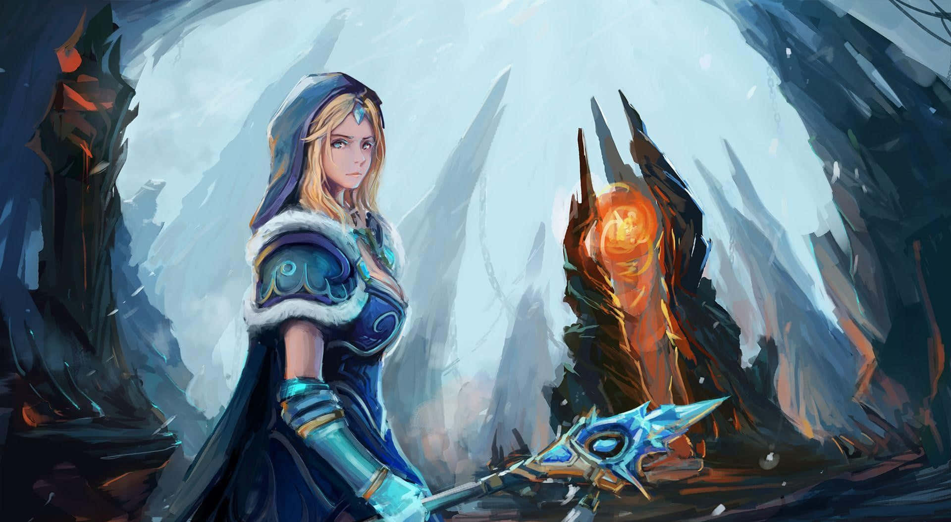 Crystal Maiden 桌布 壁紙 — 一名身穿藍色盔甲的兜帽戰士，在寒冷的天空下，於參差不齊的冰崖之間手持發光的冰矛蓄勢待發。