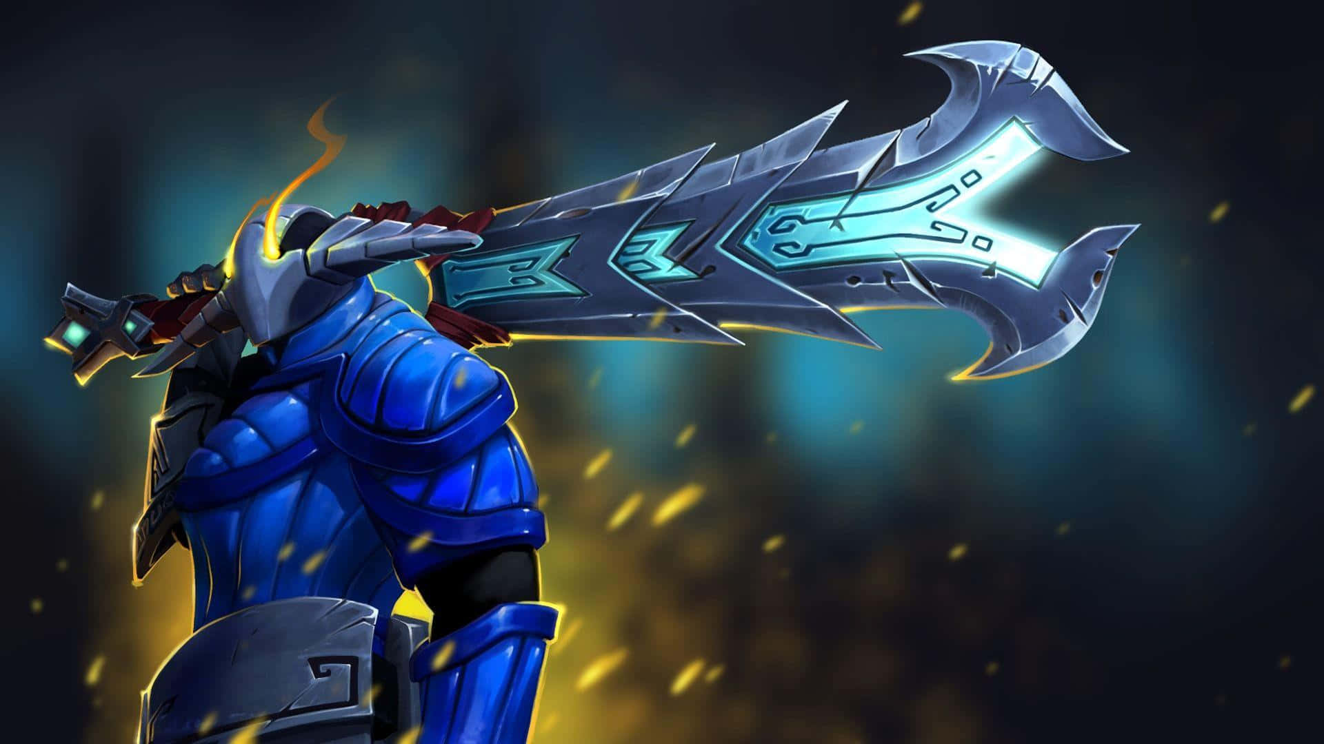 Dota 2 Sven 桌布 壁紙 — 一名身穿藍色盔甲的戰士，在黑暗火熱的背景中扛著一把巨大的發光劍。