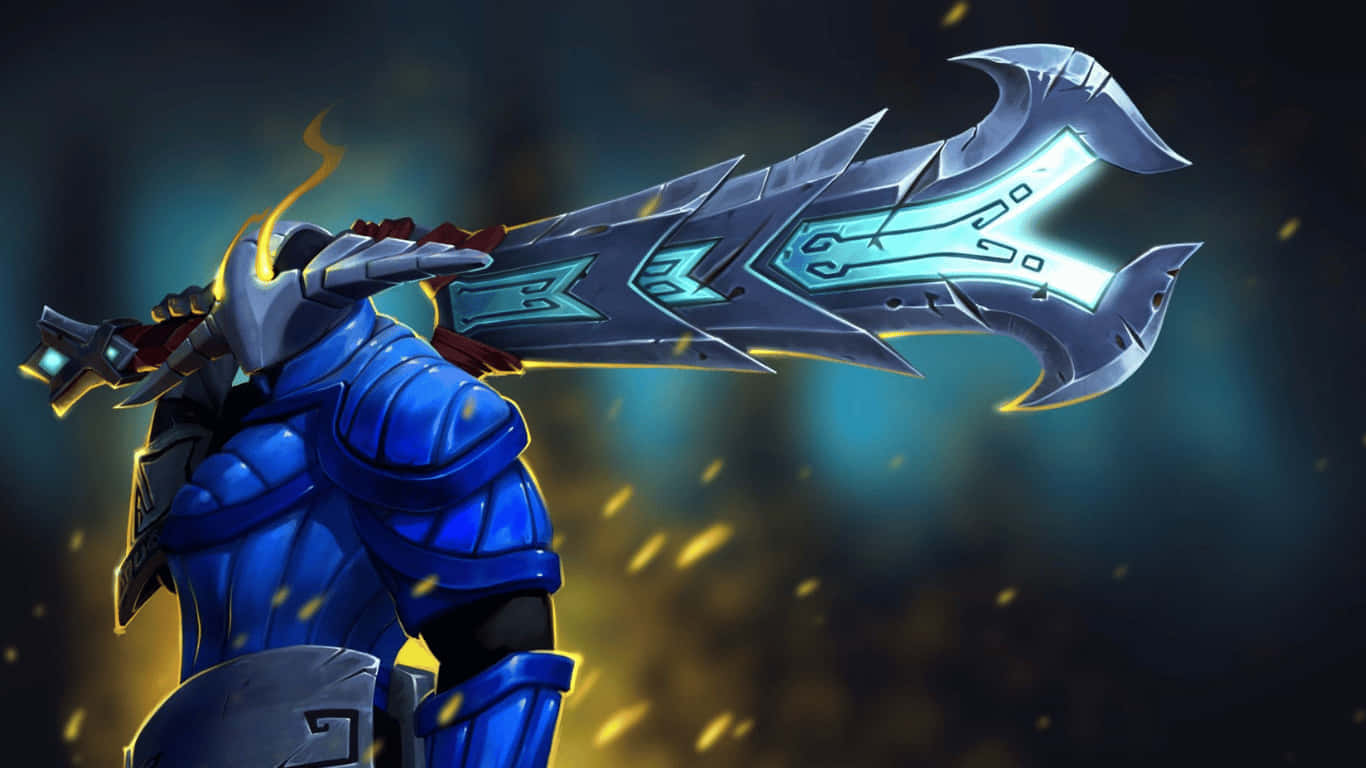 1366x768 Dota 2 桌布 壁紙 — 一名身穿藍色盔甲的戰士，在黑暗神秘、金色火花飛舞的背景中，手持一把發光的華麗劍。