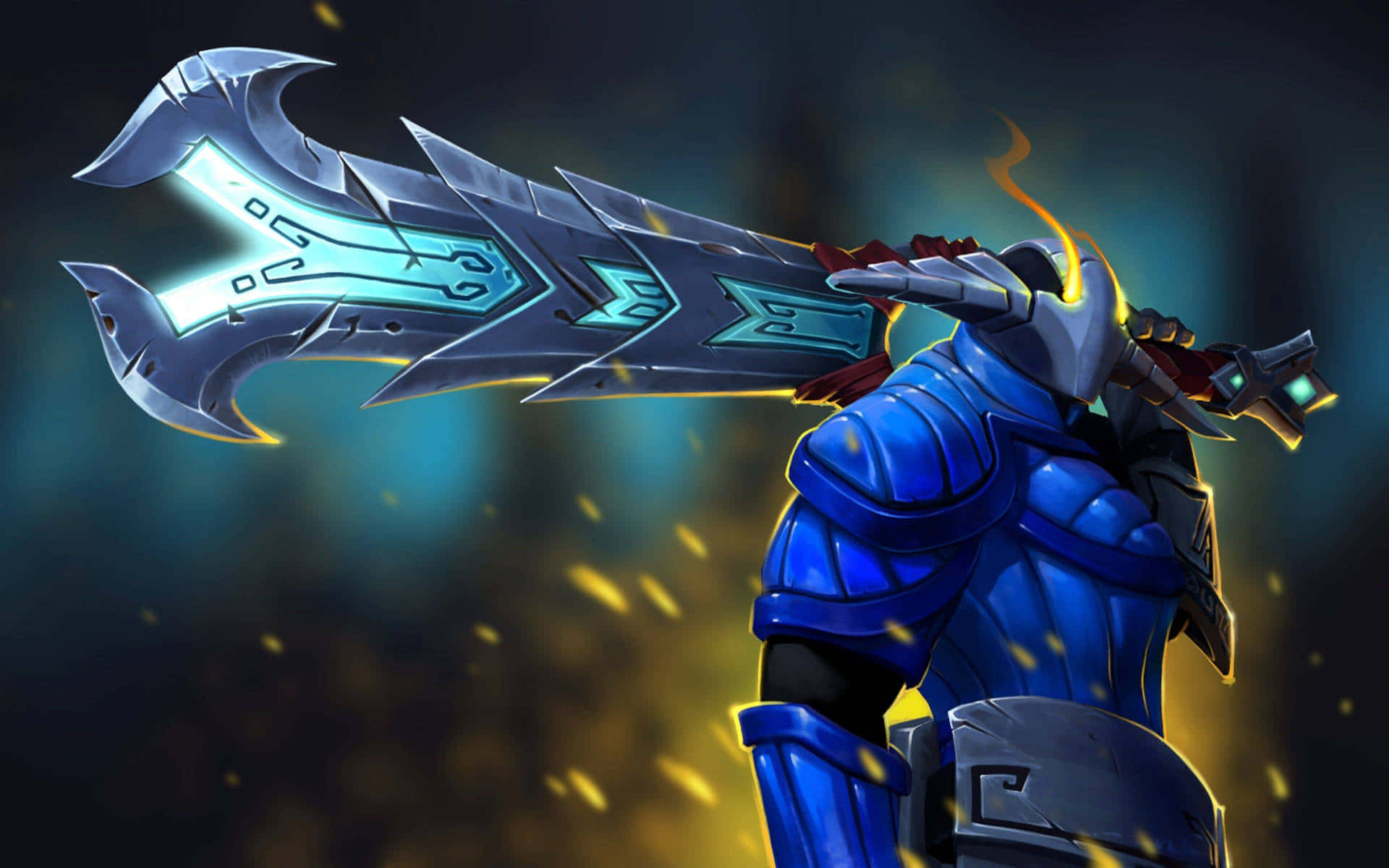 Best Dota 2 桌布 壁紙 — 一名身穿藍色盔甲的戰士，在黑暗神秘背景下手持帶有火焰裝飾的發光青色劍。