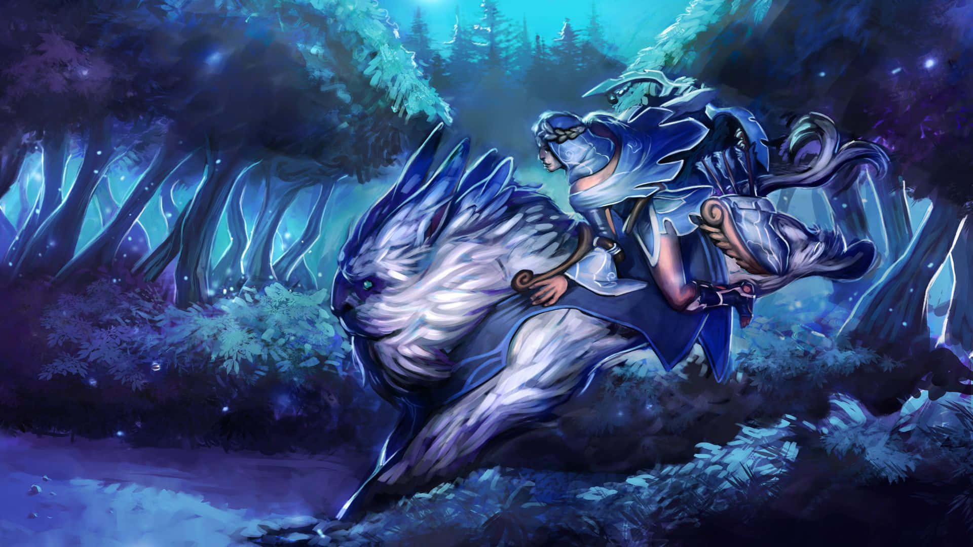 Mirana 桌布 壁紙 — 一名身穿藍色盔甲的戰士騎著一頭雄偉的白狼，穿過散發著空靈藍光的神秘森林。