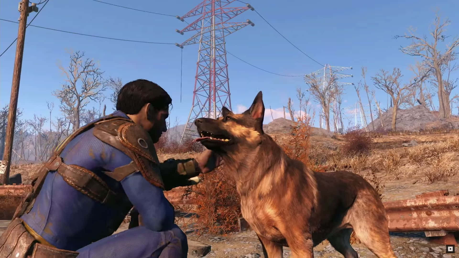 Fallout 4 Dogmeat 桌布 壁紙 — 一名身穿藍色盔甲的男人跪下來，在晴朗藍天下的荒蕪廢土上撫摸一隻德國牧羊犬，周圍有電線和枯樹。