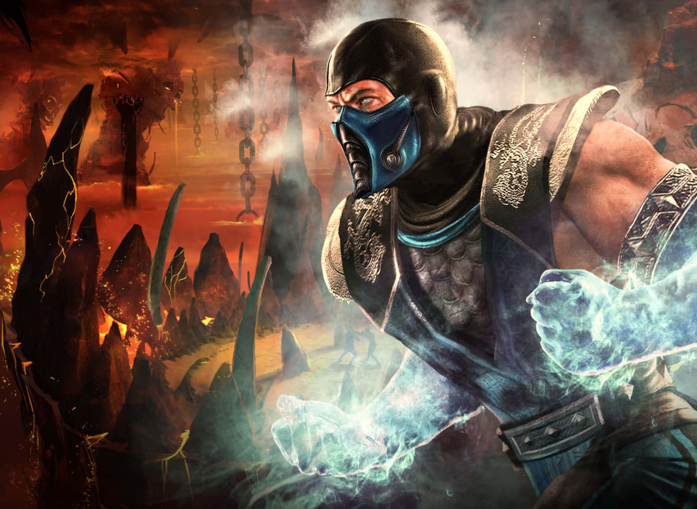 Mortal Kombat Sub-zero 桌布 壁紙 — 一名身穿藍色盔甲的蒙面戰士，在熾熱的地獄景觀中，面對鋸齒狀尖塔和懸掛的鎖鏈，引導發光的冰能量。