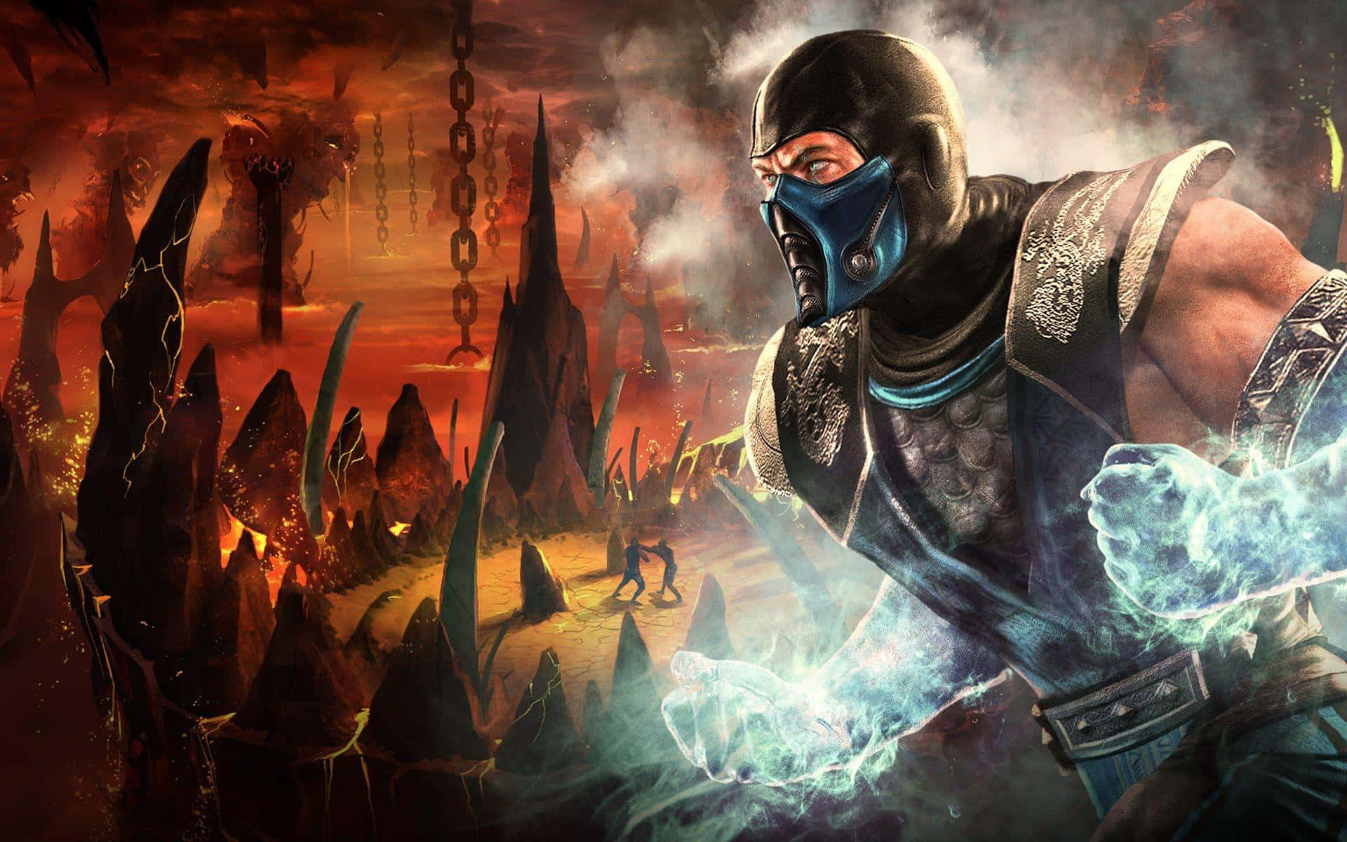 Mortal Kombat Characters 桌布 壁紙 — 一名身穿藍色盔甲的蒙面戰士在一個有鋸齒狀尖塔和懸掛鎖鏈的熾熱地獄般景觀中引導發光的能量。