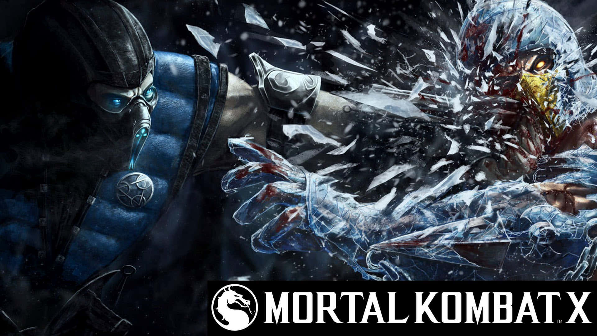 真人快打 桌布 壁紙 — 一名身穿藍色盔甲的面具戰士在黑暗粗獷的Mortal Kombat X戰鬥場景中與破碎的冰敵人交鋒。