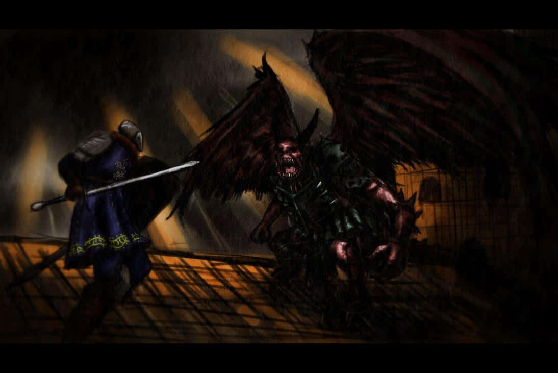 Demon Fighting 桌布 壁紙 — 一名身穿藍色盔甲的騎士在昏暗的地牢中衝向一隻發光的眼睛的帶翅膀惡魔野獸。