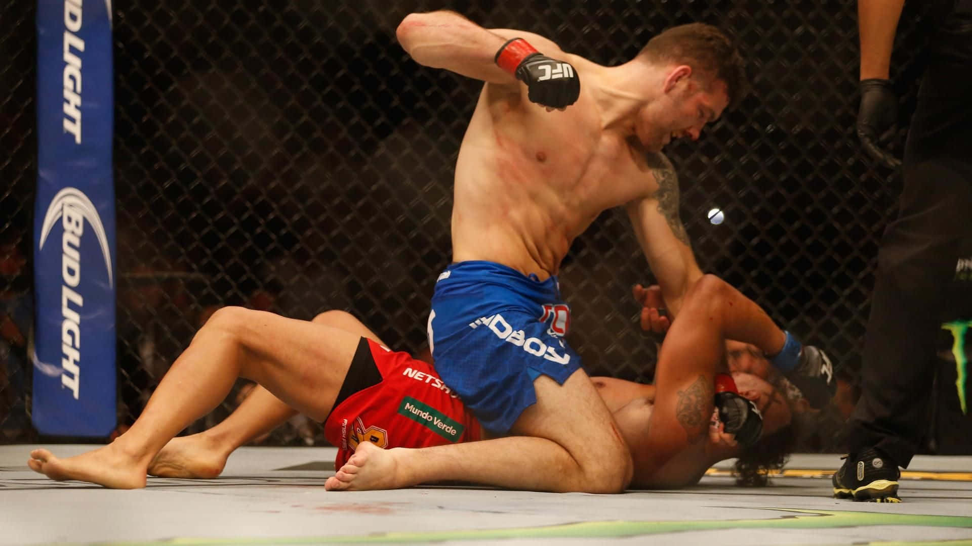 MMA 桌布 壁紙 — 一名身穿藍色短褲的拳手在UFC八角籠內向地面上的對手發出強力肘擊。