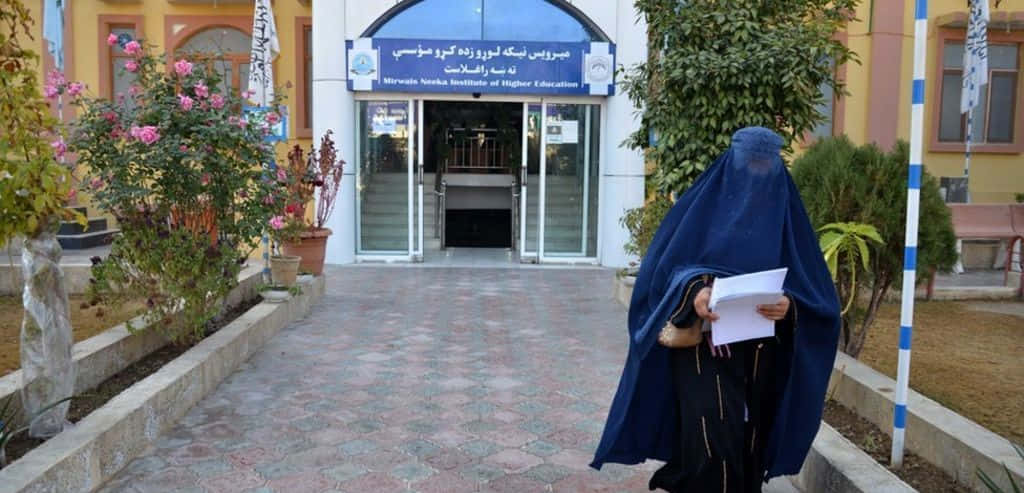 Taliban 桌布 壁紙 — 一名身穿藍色罩袍的女子手持文件，走向米爾維斯·內卡高等教育學院的入口。