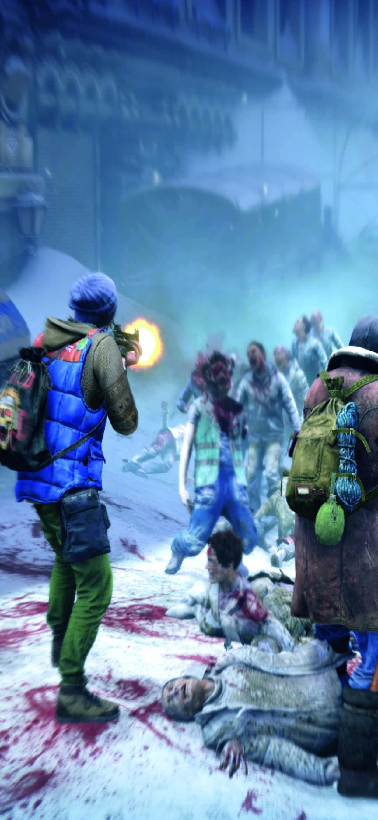 games 桌布 壁紙 — 一名身穿藍色背心的倖存者在血跡斑斑的雪地城市街道上向逼近的殭屍開火。