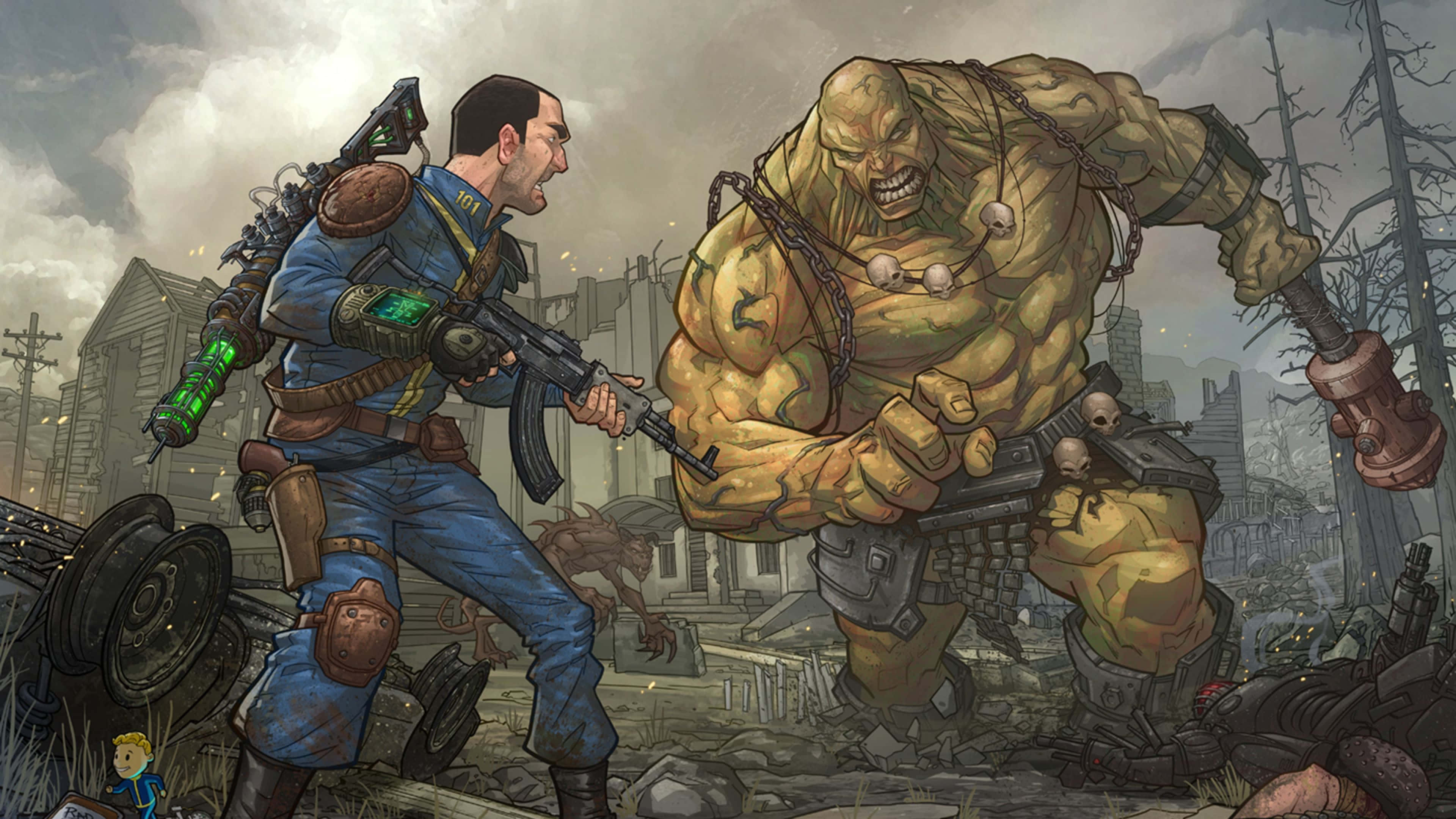 Fallout Enclave 桌布 壁紙 — 一名身穿藍色裝備的士兵在陰天下於廢墟城市中與綠色巨獸戰鬥。