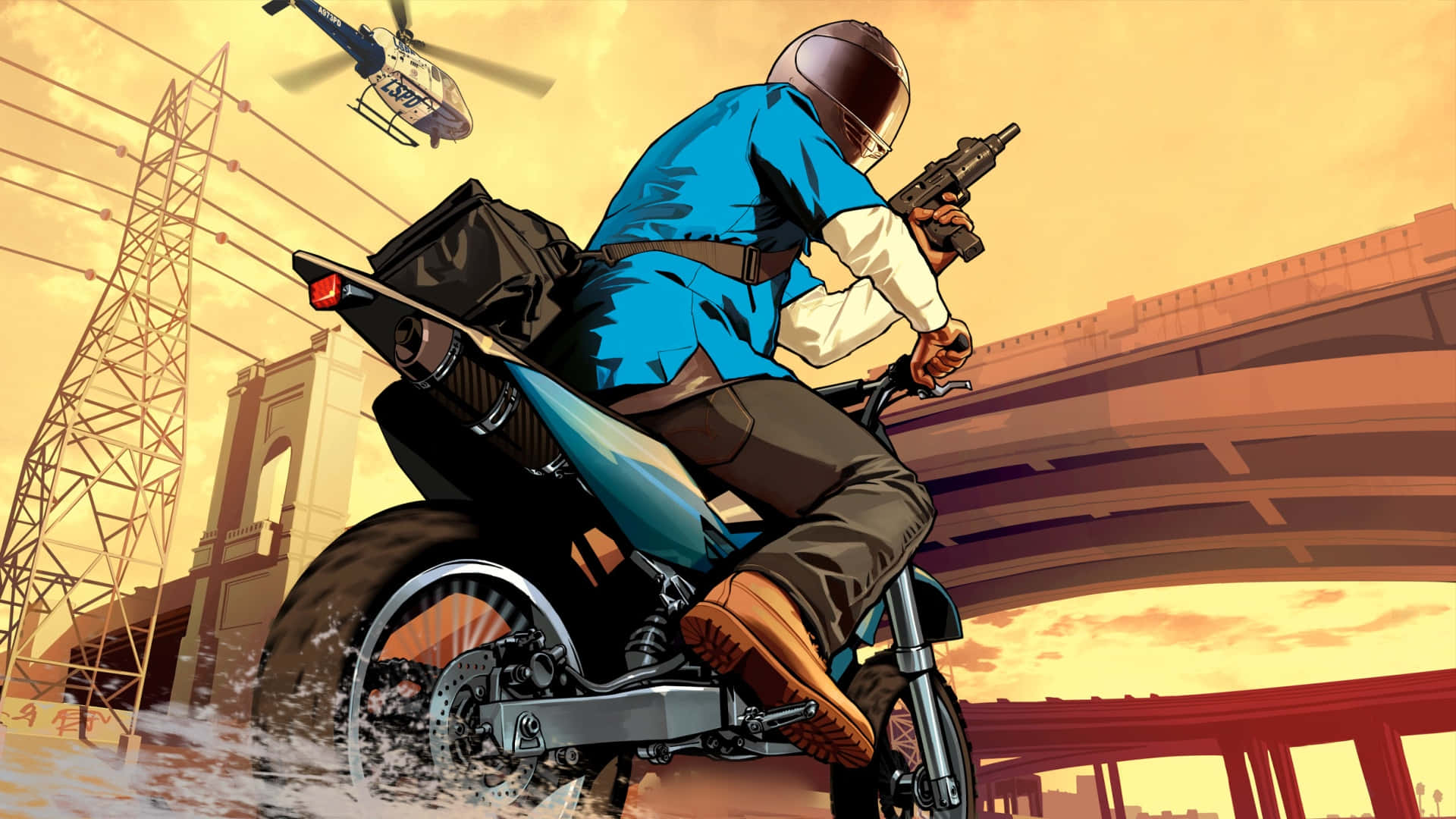 日落時分，摩托車手手持槍支在直升機下騎行穿過水面。 — GTA 5 動圖 壁紙
