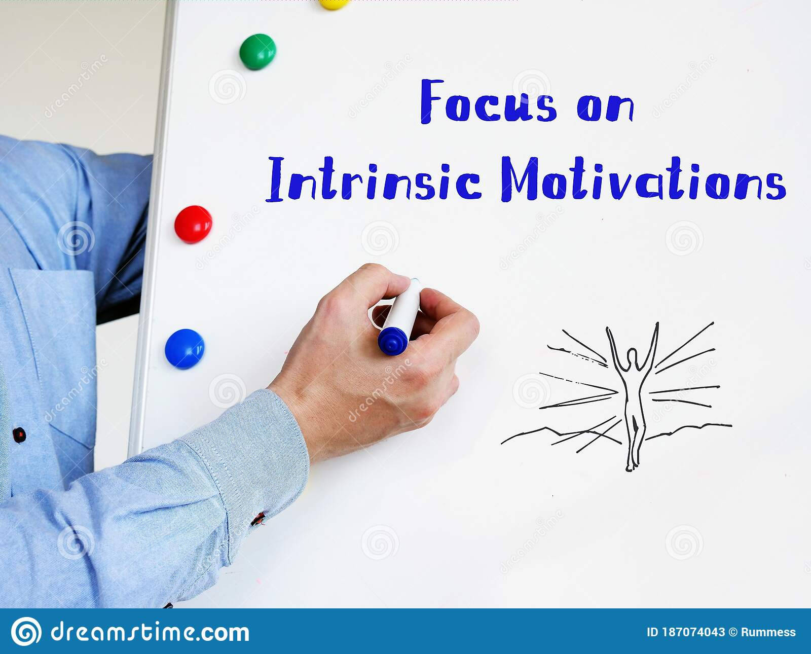 Learning 桌布 壁紙 — 一名身穿藍色襯衫的人正在白板上寫「Focus on Intrinsic Motivations」，附近有彩色磁鐵。