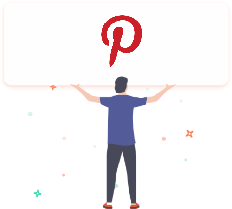 Pinterest 桌布 壁紙 — 一名身穿藍色襯衫的人舉起一塊大型白色板，上面顯示紅色 Pinterest 標誌，背景為黑色，並有彩色浮動圖示。