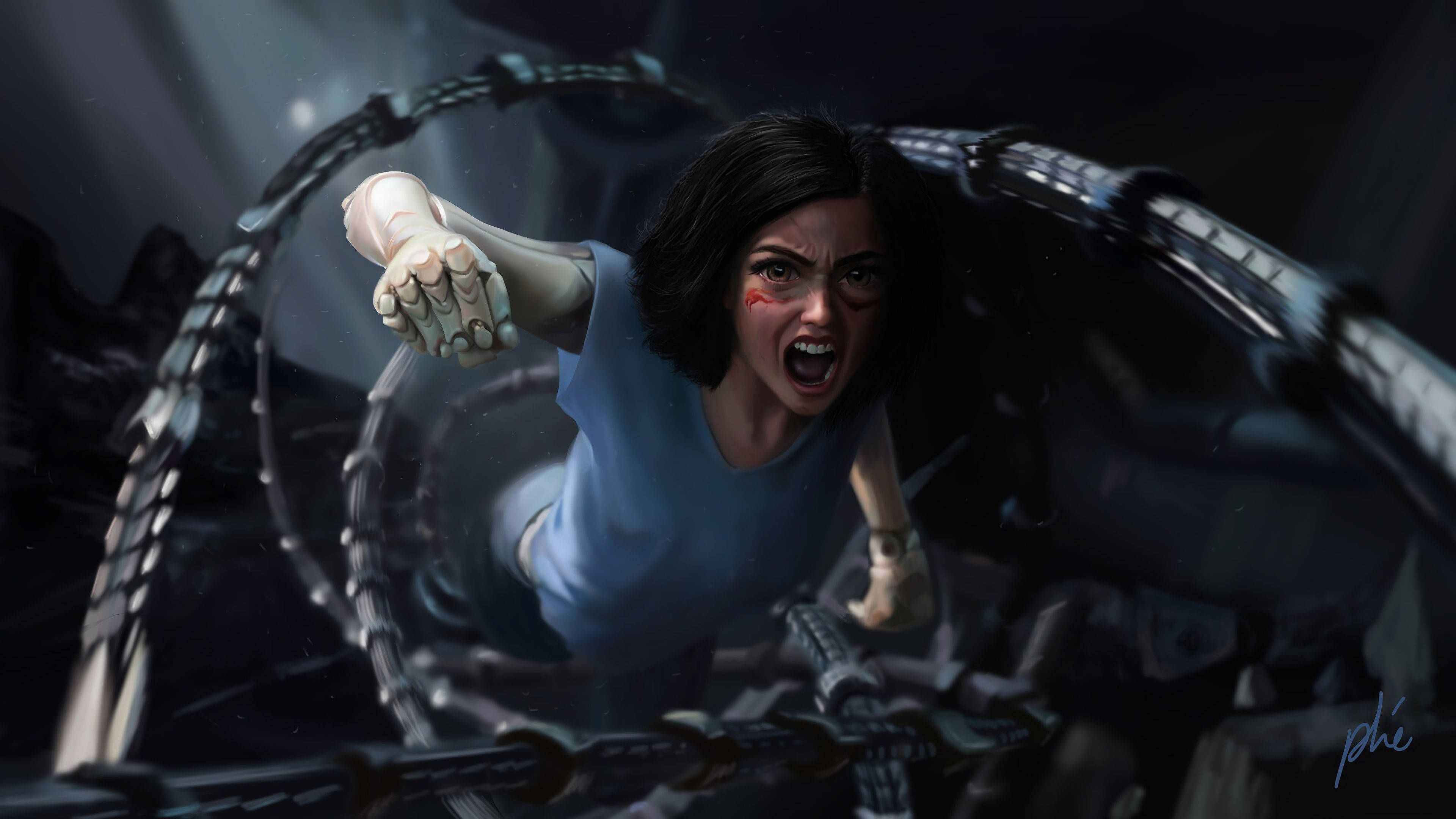 Alita 桌布 壁紙 — 一名身穿藍色襯衫的女子在黑暗的工業環境中尖叫，機械觸手纏繞著她。
