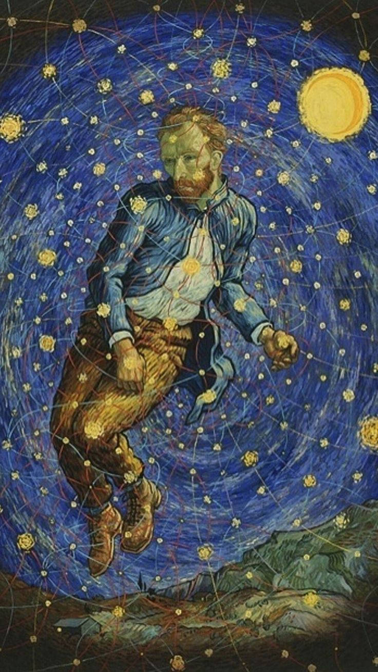 Vincent 桌布 壁紙 — 一名身穿藍色襯衫的男子在深藍色夜空背景下，漂浮在旋轉的星星和發光的太陽之間。