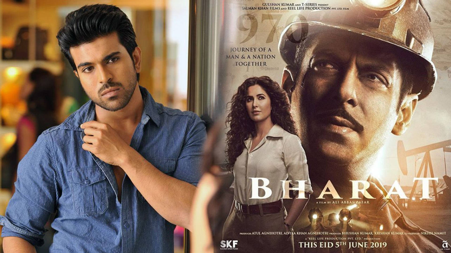 電影動圖 桌布 壁紙 — 一名身穿藍色襯衫的男子站在電影《Bharat》的海報旁，海報上有演員薩爾曼·汗和卡特里娜·卡芙的戲劇性特寫。