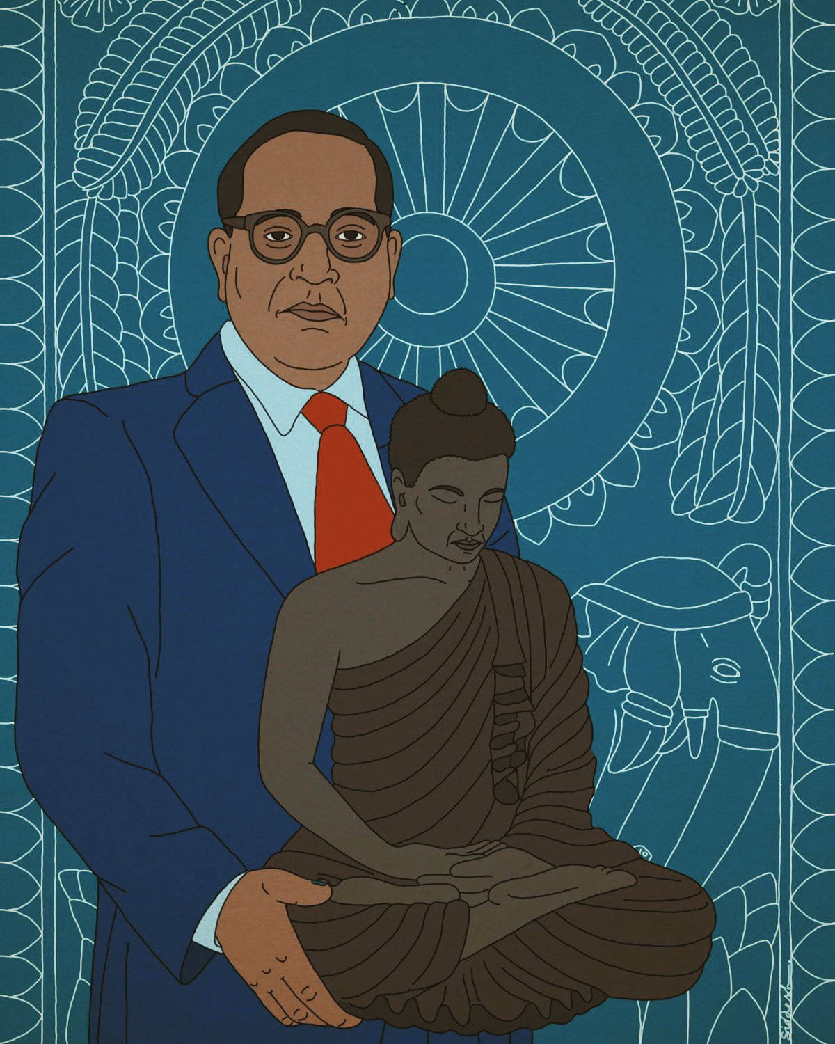 Ambedkar 桌布 壁紙 — 一名身穿藍色西裝、紅色領帶的男子，在帶有白色裝飾圖案的青綠色背景前，手持一尊坐佛像。