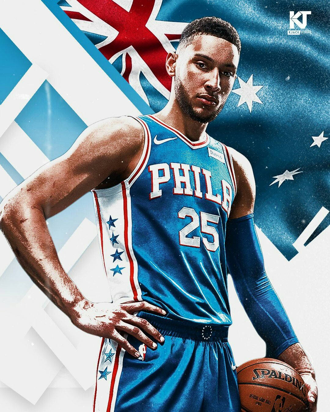 Ben Simmons 桌布 壁紙 — 一名身穿藍色費城76人球衣的籃球運動員自信地站立，手持Spalding籃球，背景為風格化的澳洲國旗。