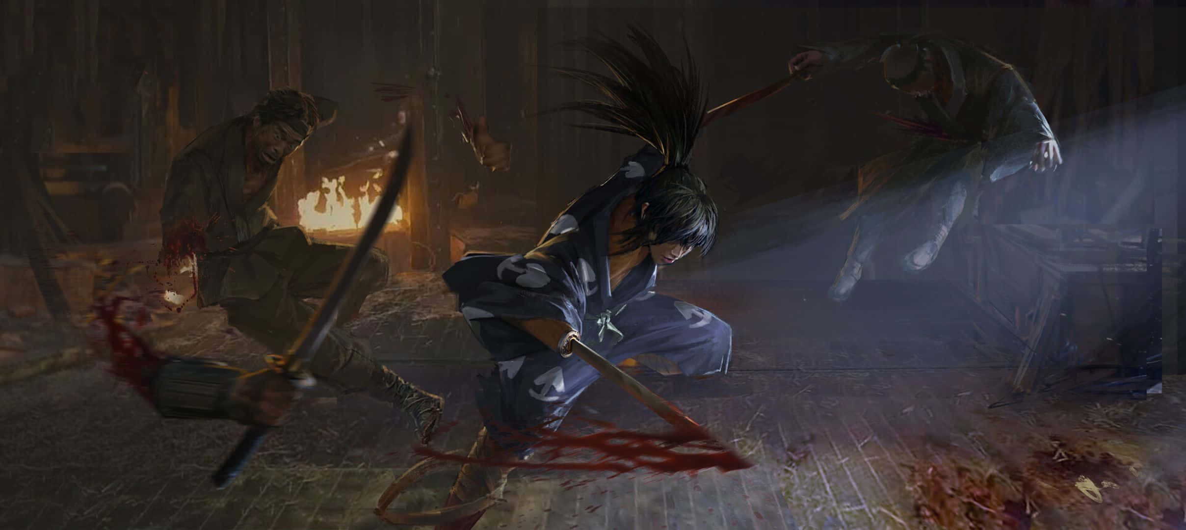 多羅羅 桌布 壁紙 — 一名身穿藍色鎧甲的武士戰士在光線昏暗的木質房間中，在火光和血跡中與多名敵人戰鬥。