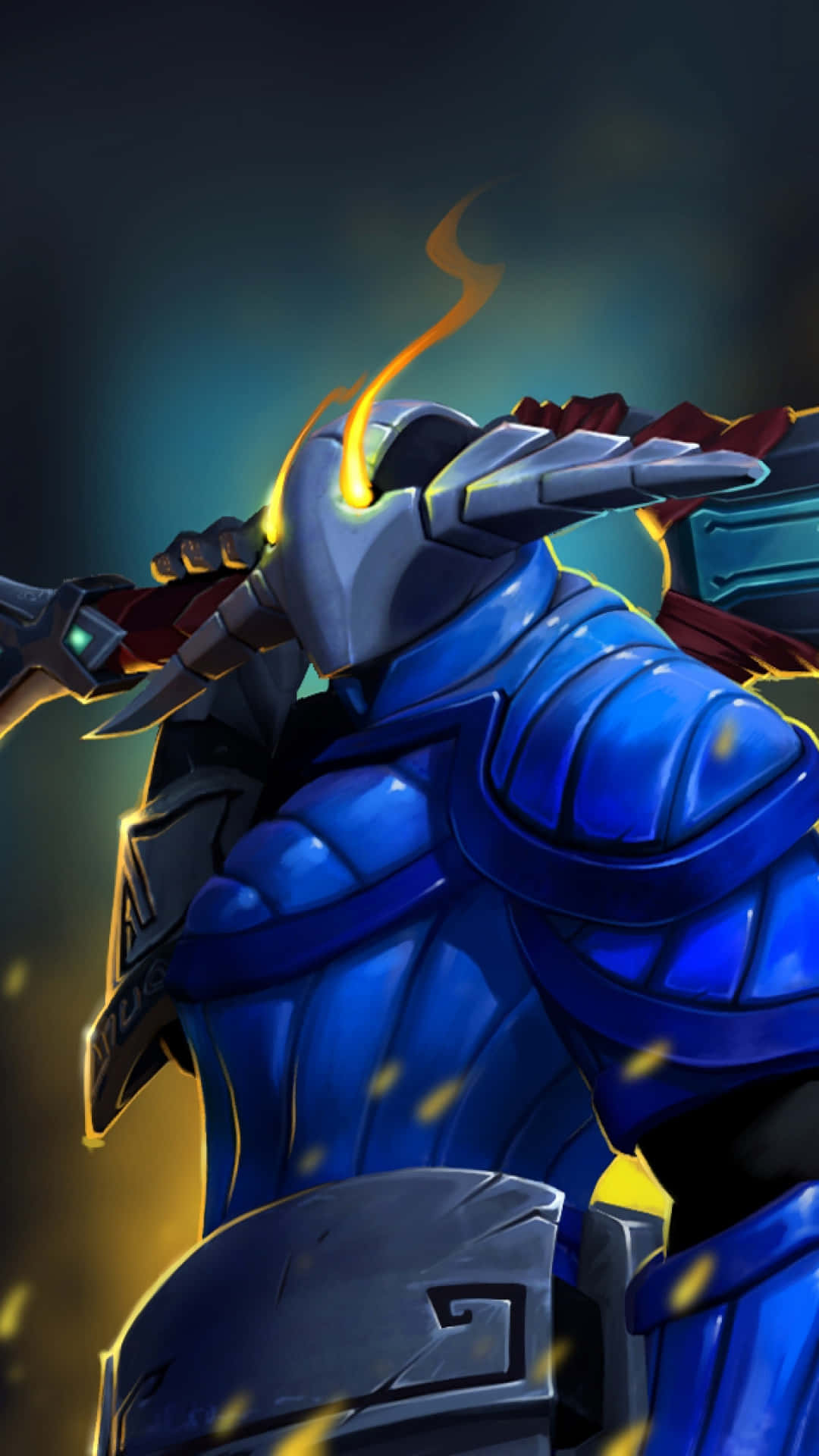 Dota 2 Sven 桌布 壁紙 — 一名身穿藍銀色盔甲的裝甲戰士，頭盔上閃爍著黃色能量。
