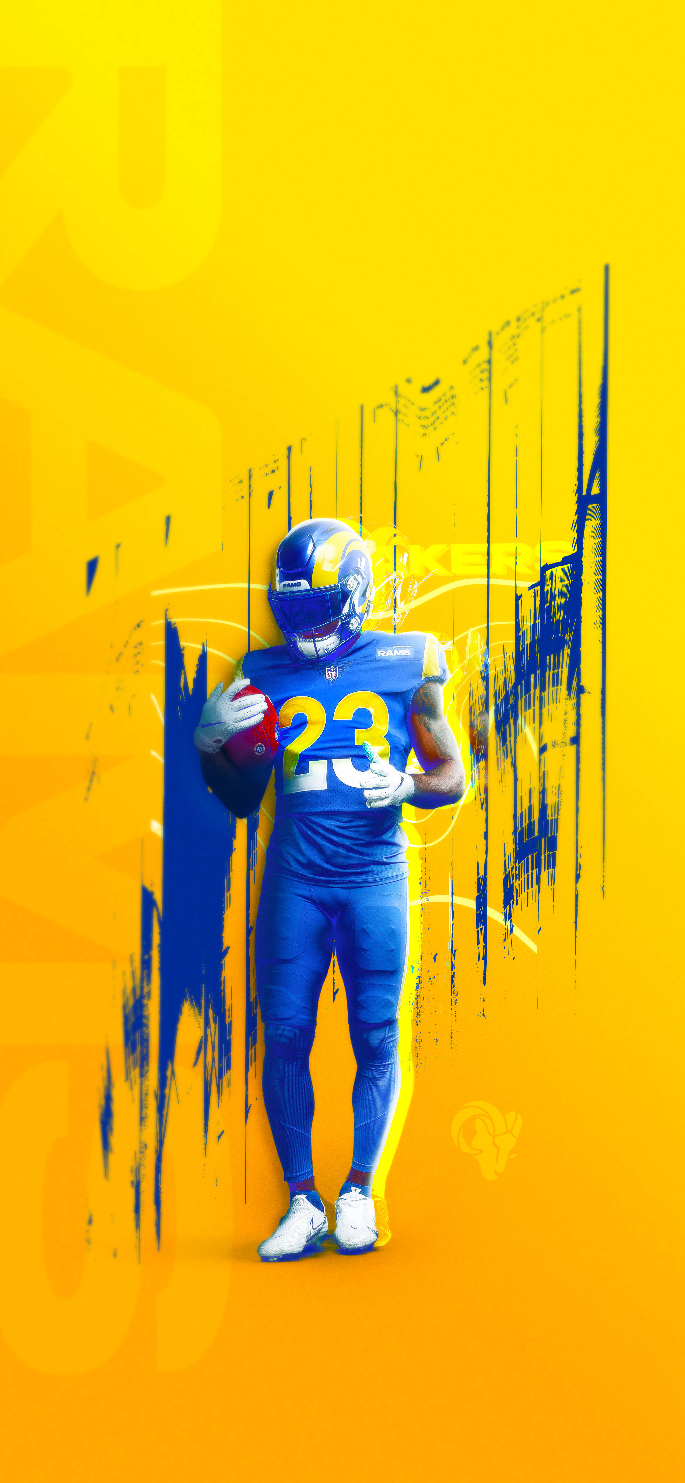 Rams 桌布 壁紙 — 一名身穿藍黃色球衣的足球員，在充滿活力的黃色背景上，帶有動態藍色筆觸效果，手持足球。