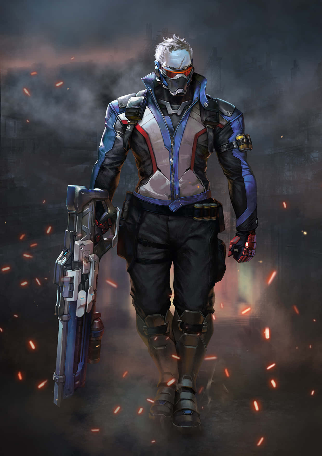 Overwatch 桌布 壁紙 — 一名身穿藍黑裝甲的未來士兵穿過煙霧，周圍有發光的橙色火花飛舞。
