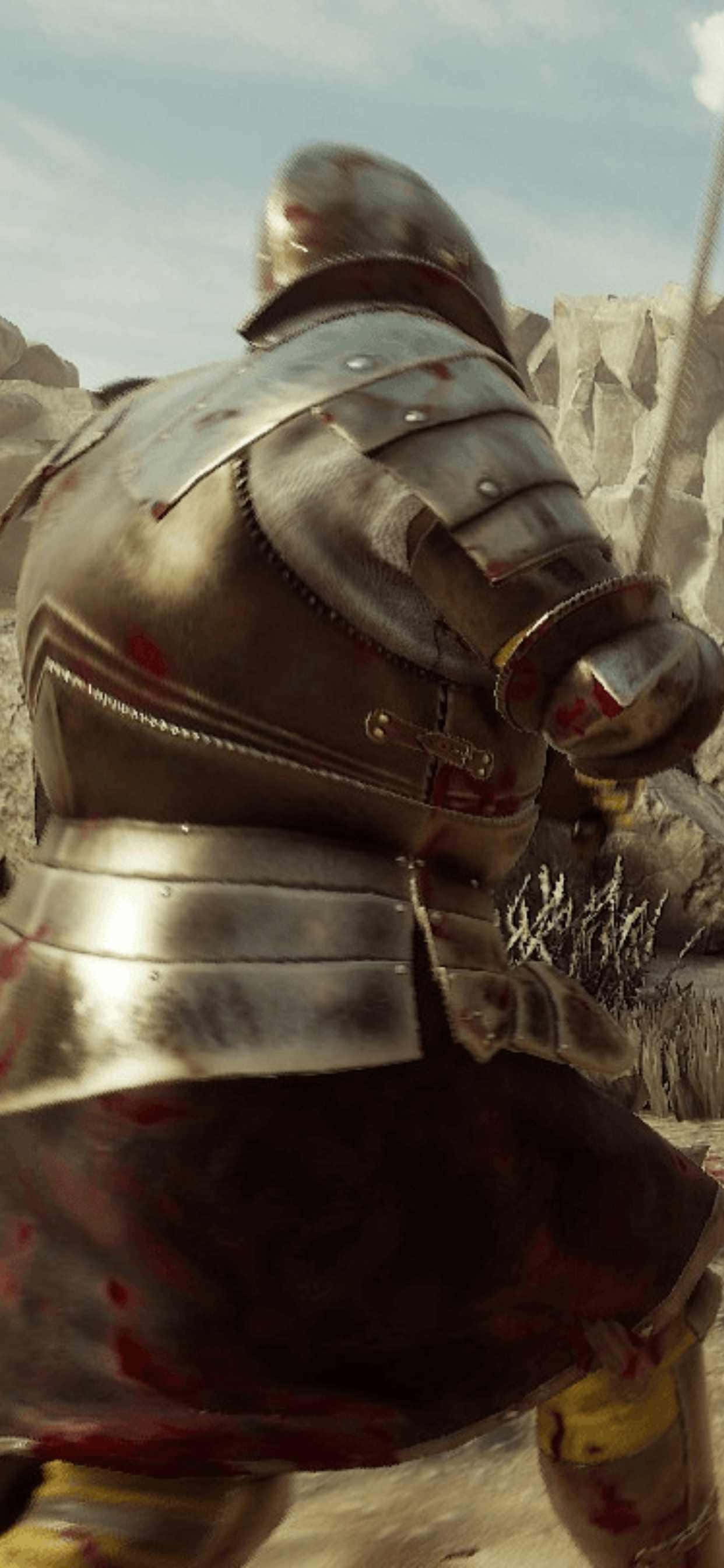 iPhone Xs Max Mordhau 桌布 壁紙 — 一名身穿血跡斑斑板甲的騎士，站在晴朗天空下的岩石沙漠景觀中。
