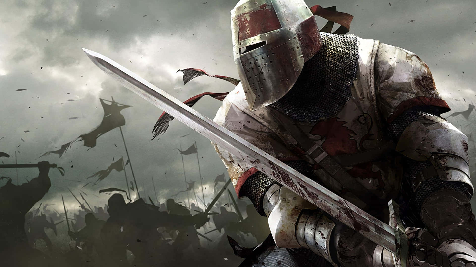 For Honor 桌布 壁紙 — 一名身穿血跡斑斑盔甲的騎士，在暴風雨的天空下，於混亂的戰場上揮舞著閃亮的劍向前衝鋒。