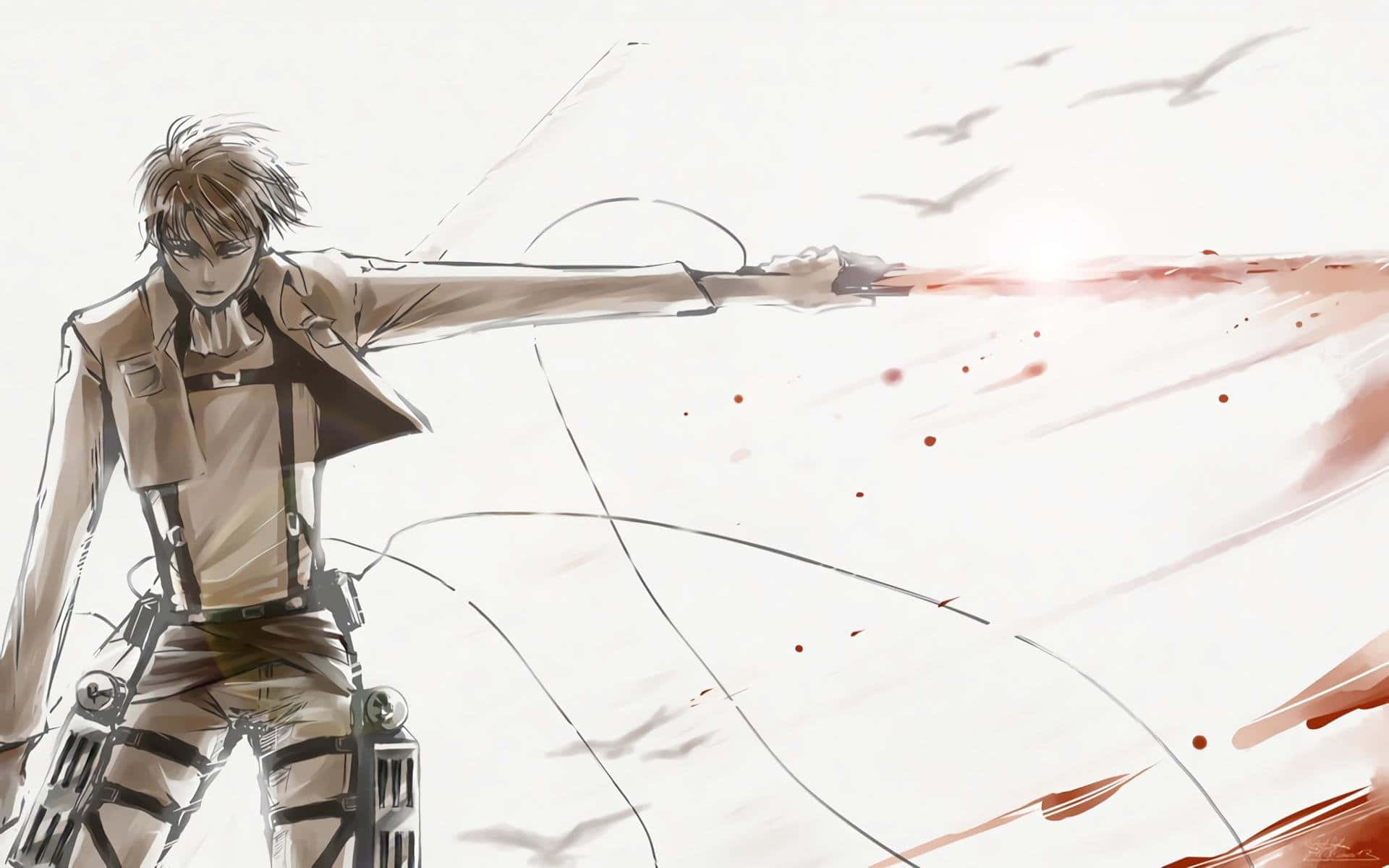 Levi Ackerman Desktop 桌布 壁紙 — 一名身穿裝備的動漫戰士在明亮的背景下發射紅色能量爆炸，鳥兒飛過。