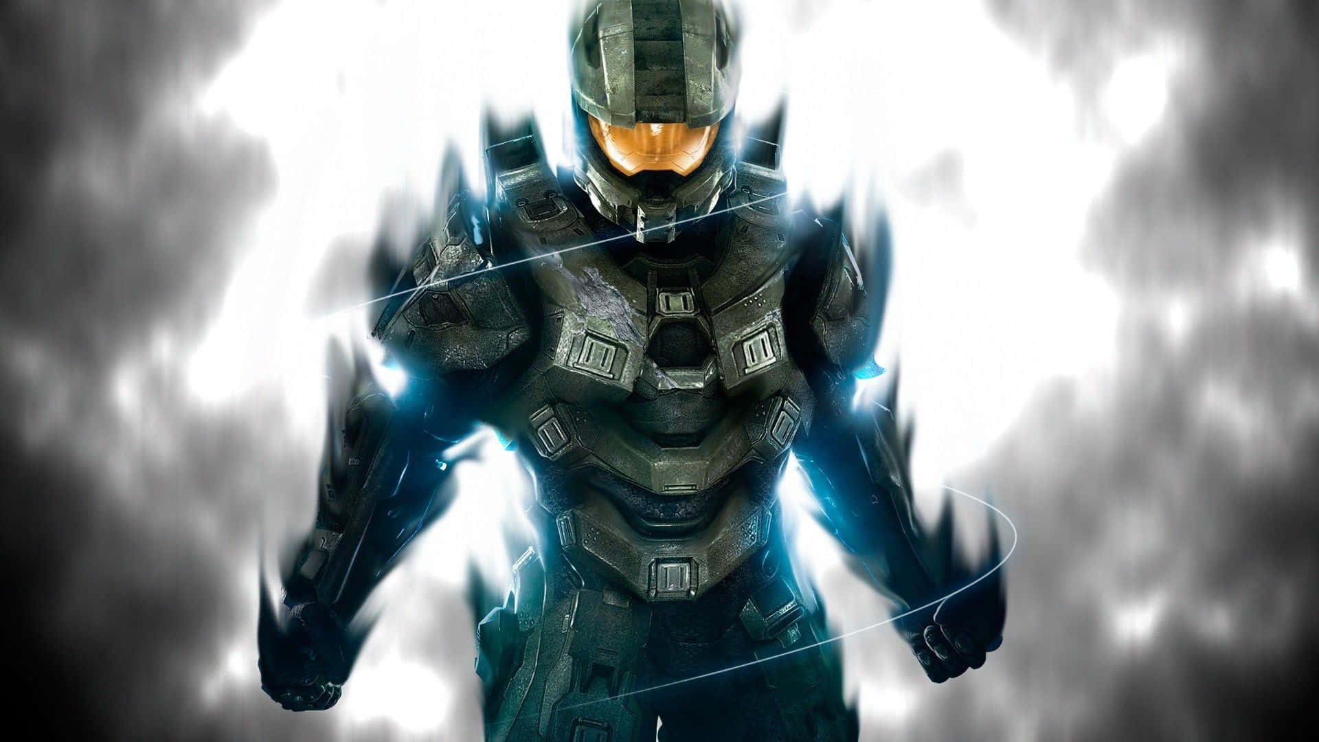 電玩遊戲 桌布 壁紙 — 一名身穿裝甲服的斯巴達戰士，在明亮發光的背景和黑暗的暴風雲中挑釁地站立。