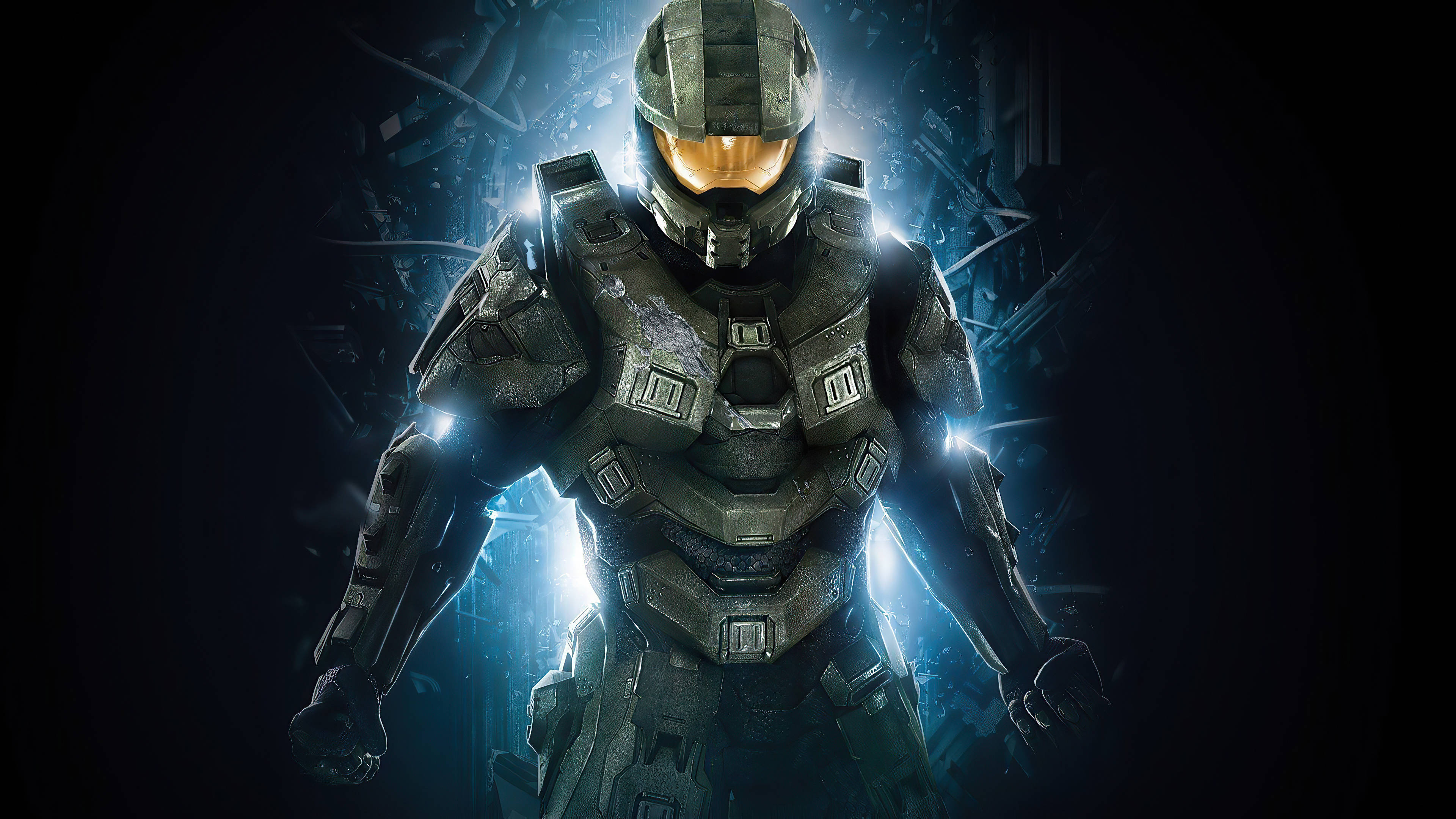 4K Gaming 桌布 壁紙 — 一名身穿裝甲服的斯巴達戰士在黑暗破碎的背景前被藍光照亮。