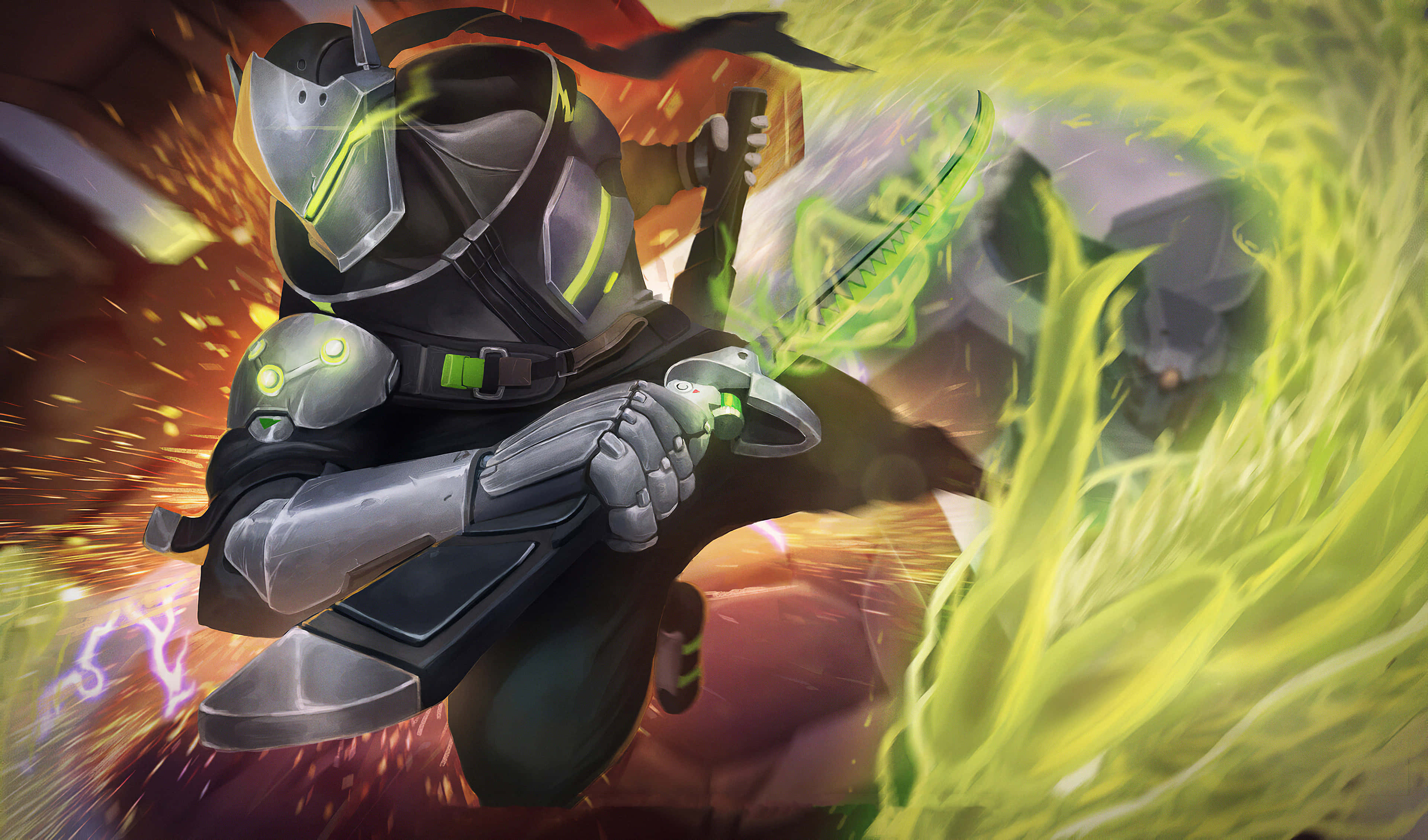 Genji 4K 桌布 壁紙 — 一名身穿裝甲的戰士在充滿火焰爆炸和電火花的動態戰鬥場景中揮舞著發光的綠色刀刃。