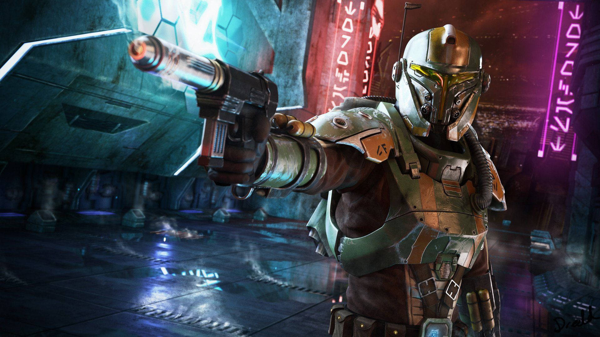 Swtor 桌布 壁紙 — 一名身穿裝甲的戰士在未來風格的霓虹燈走廊中，專注地瞄準一把發光的爆能槍。