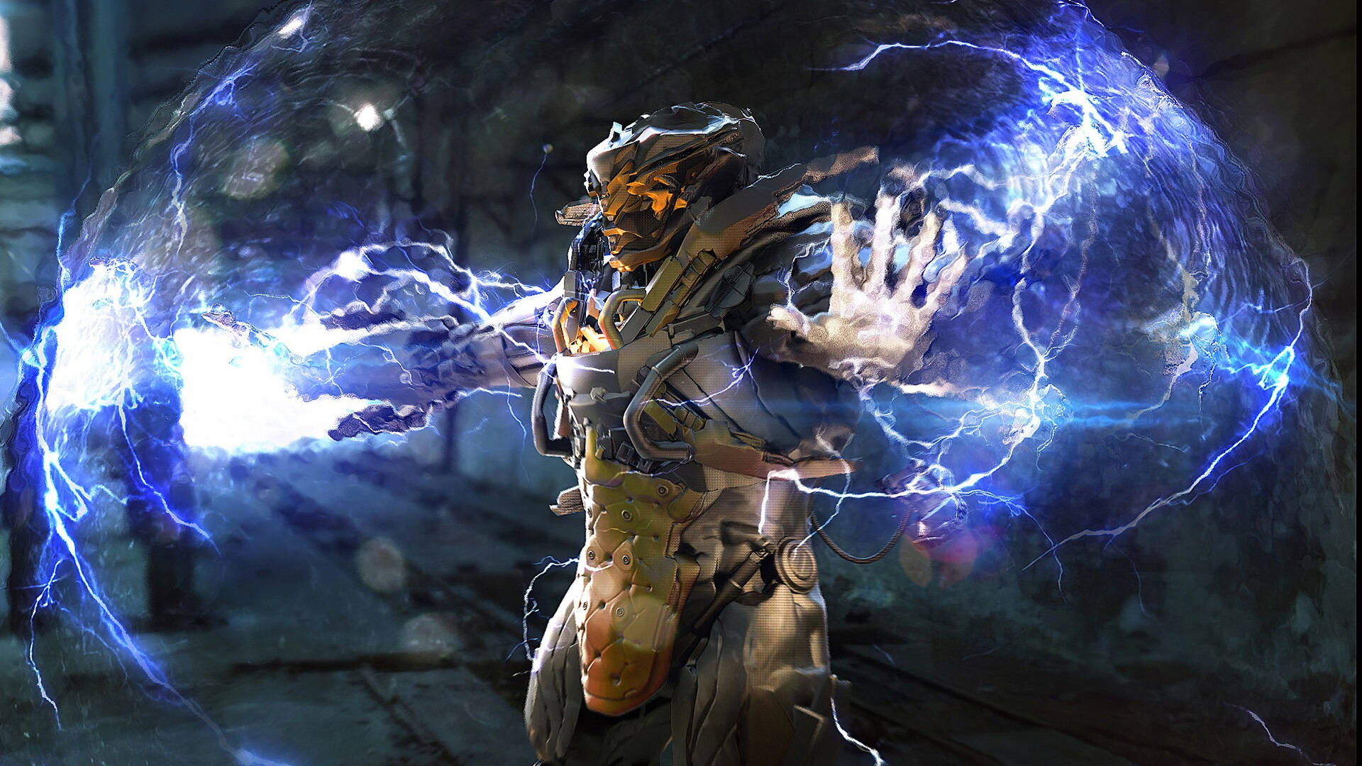 anthem 4K 桌布 壁紙 — 一名身穿裝甲的戰士在黑暗的工業環境中引導劈啪作響的藍色閃電。