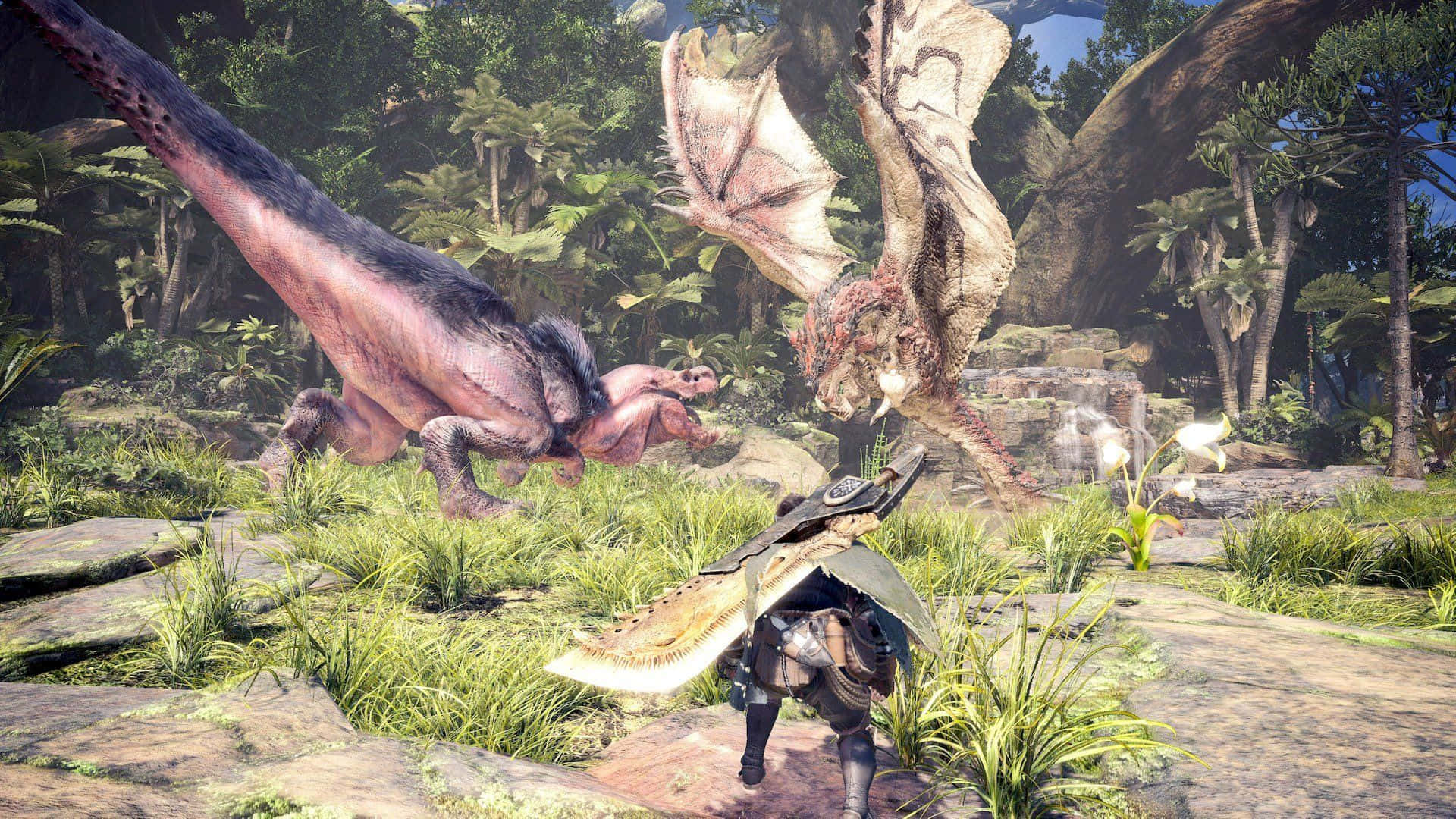 Monster Hunter Desktop 桌布 壁紙 — 一名身穿裝甲的獵人在茂密的叢林空地上，面對兩隻巨大的怪物，周圍有石頭廢墟和瀑布流水。