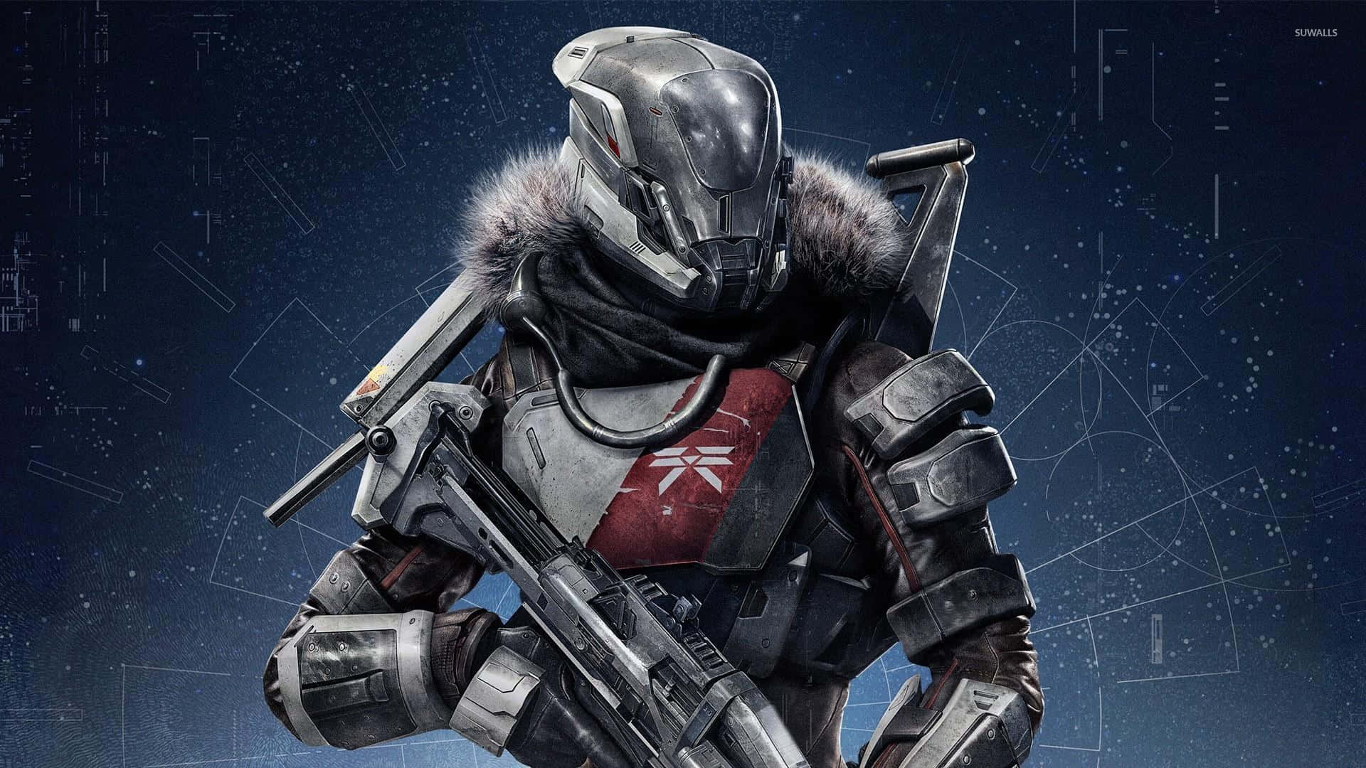 Titan Destiny 2 4K 桌布 壁紙 — 一名身穿裝甲裝備、帶有毛領和紅色徽章的未來士兵，站在星光數位背景前。