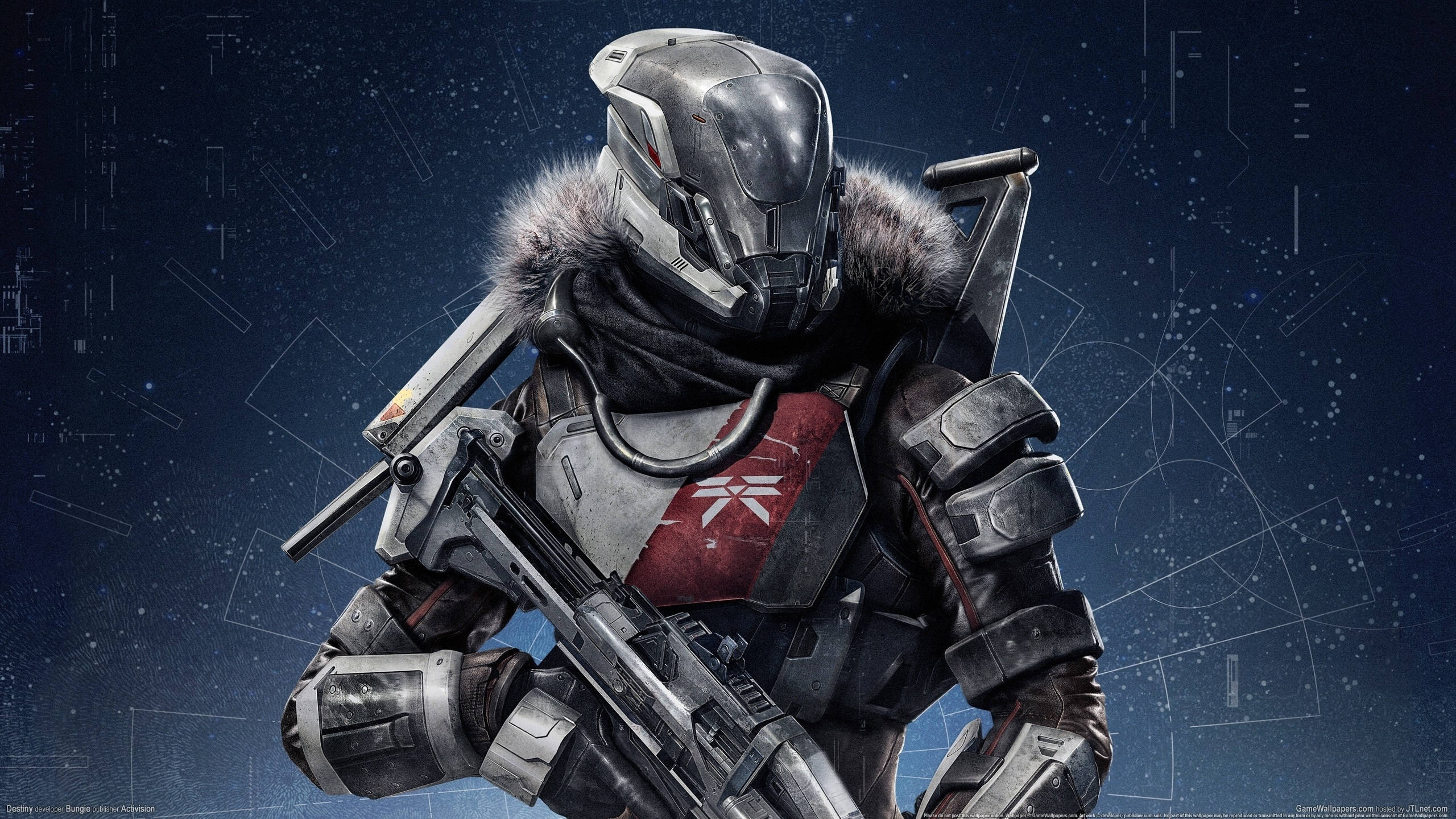destiny 4K 桌布 壁紙 — 一名身穿裝甲裝備、帶有毛領的未來士兵，在星光數位背景下手持步槍。